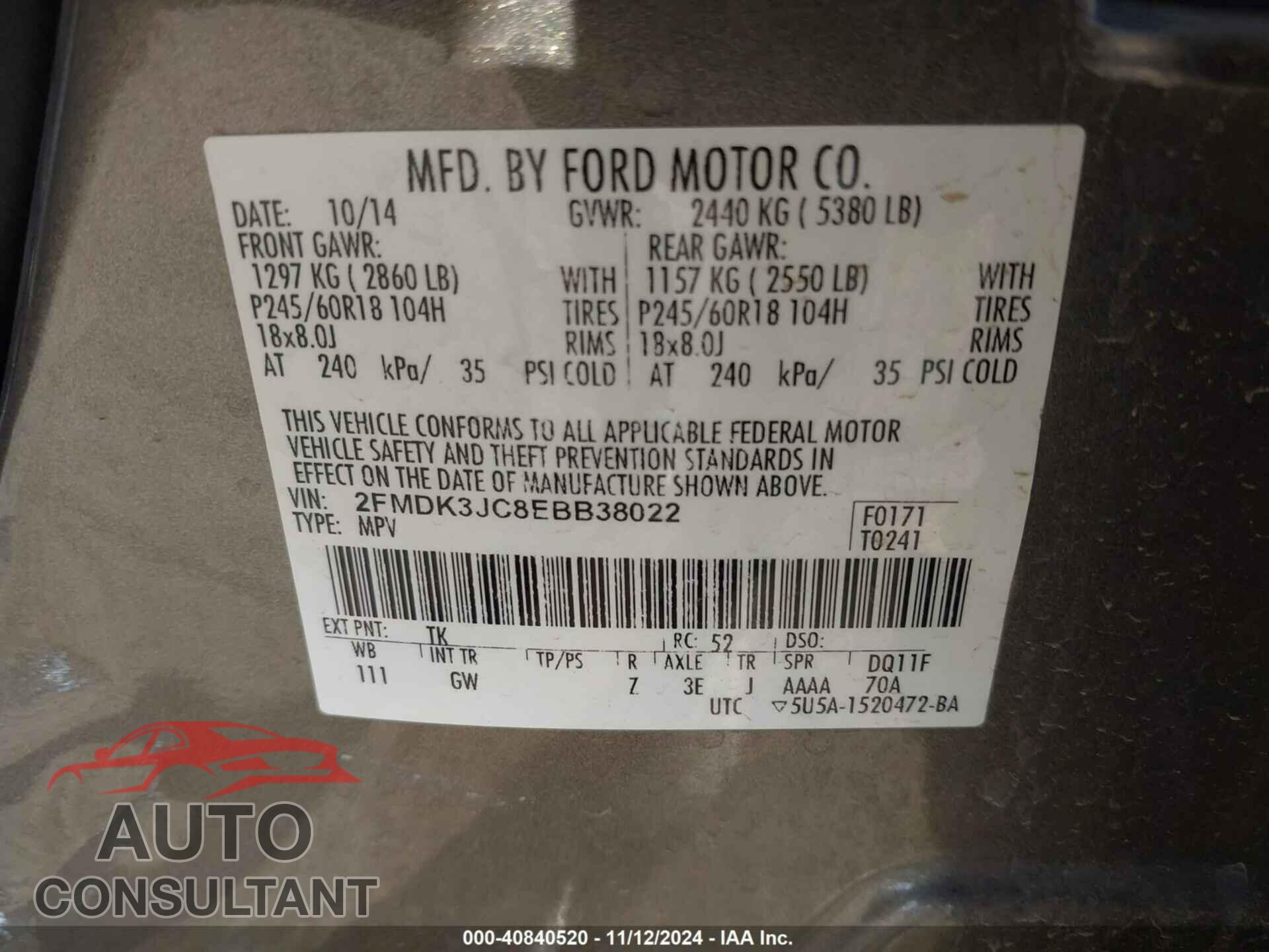 FORD EDGE 2014 - 2FMDK3JC8EBB38022