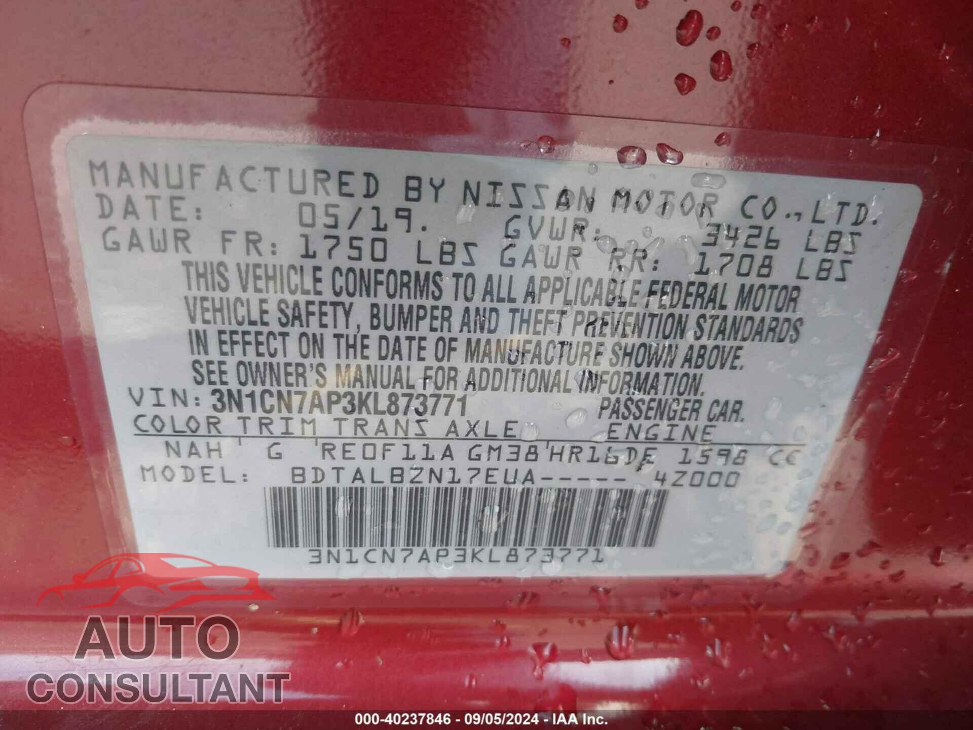 NISSAN VERSA 2019 - 3N1CN7AP3KL873771