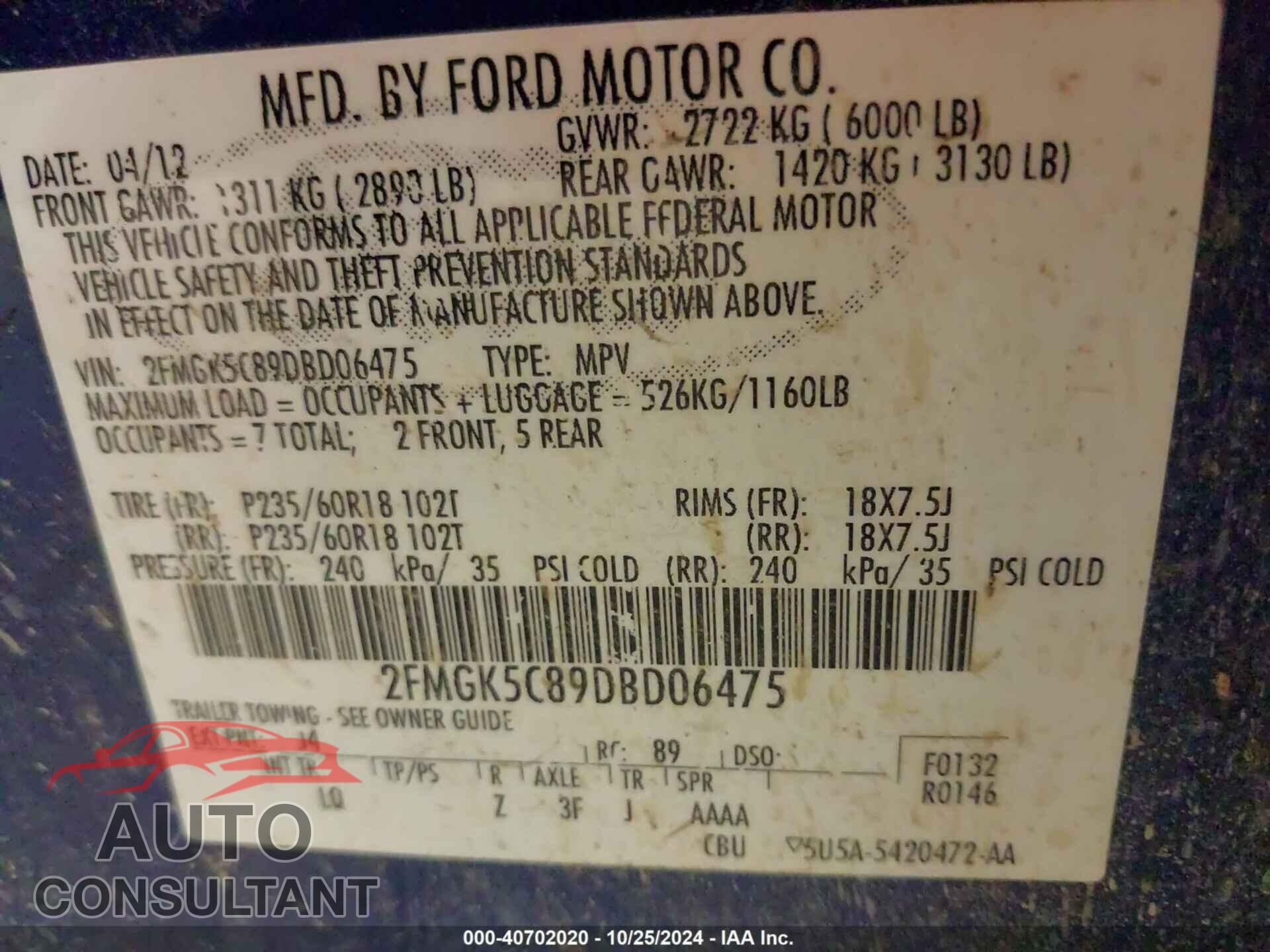 FORD FLEX 2013 - 2FMGK5C89DBD06475