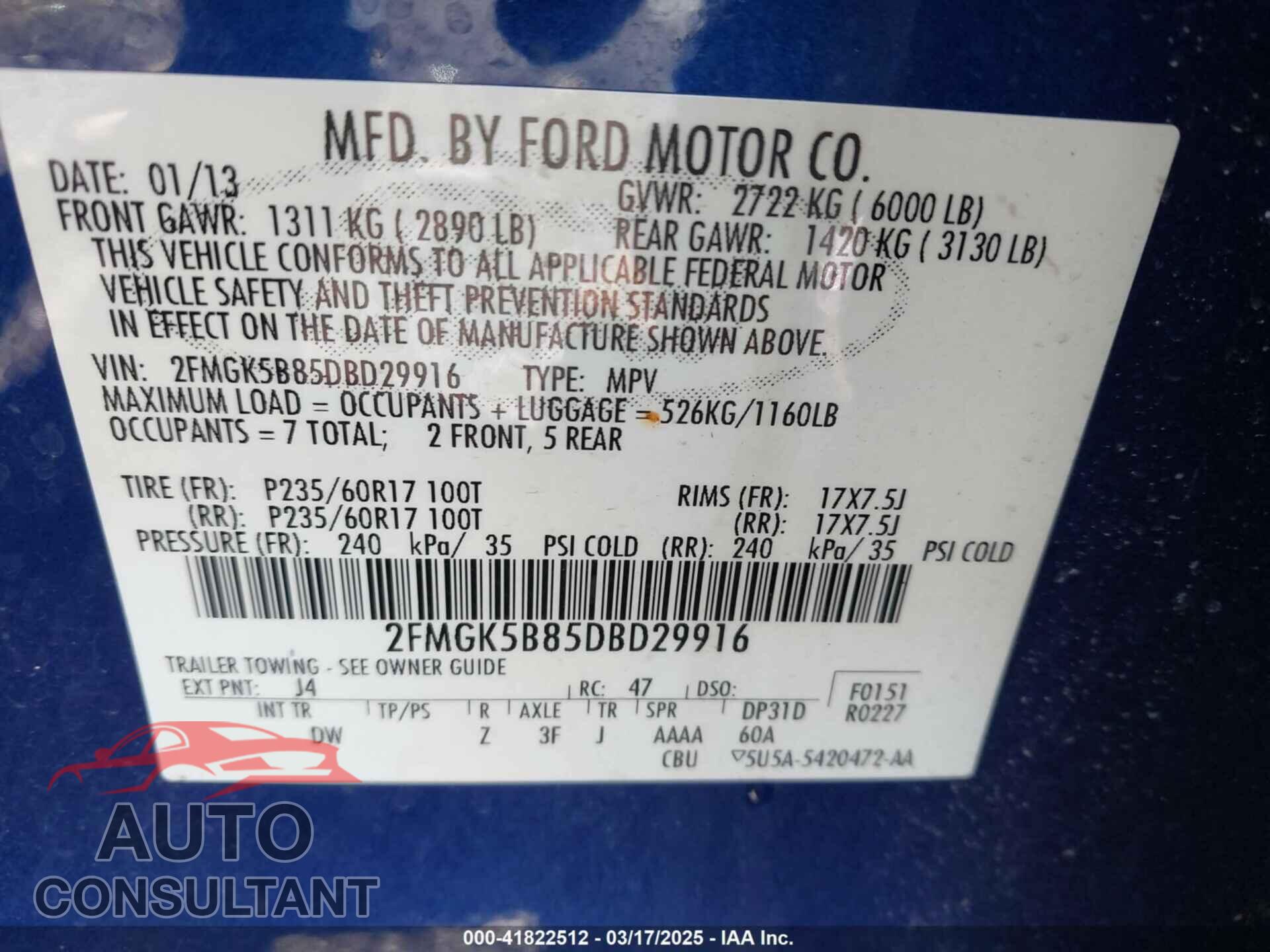 FORD FLEX 2013 - 2FMGK5B85DBD29916
