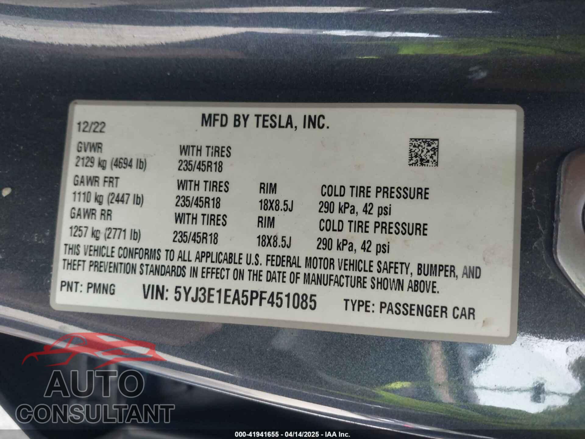 TESLA MODEL 3 2023 - 5YJ3E1EA5PF451085