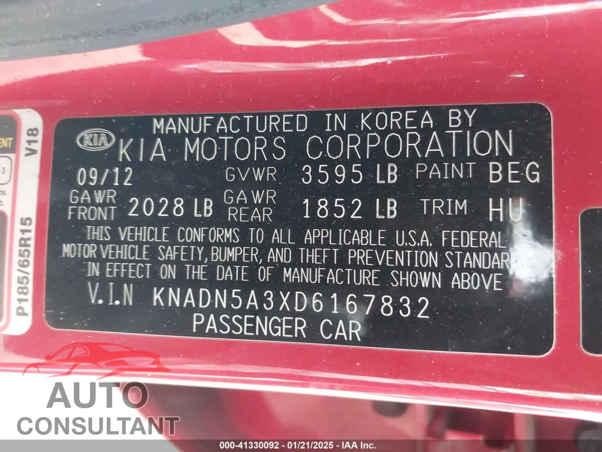 KIA RIO 2013 - KNADN5A3XD6167832
