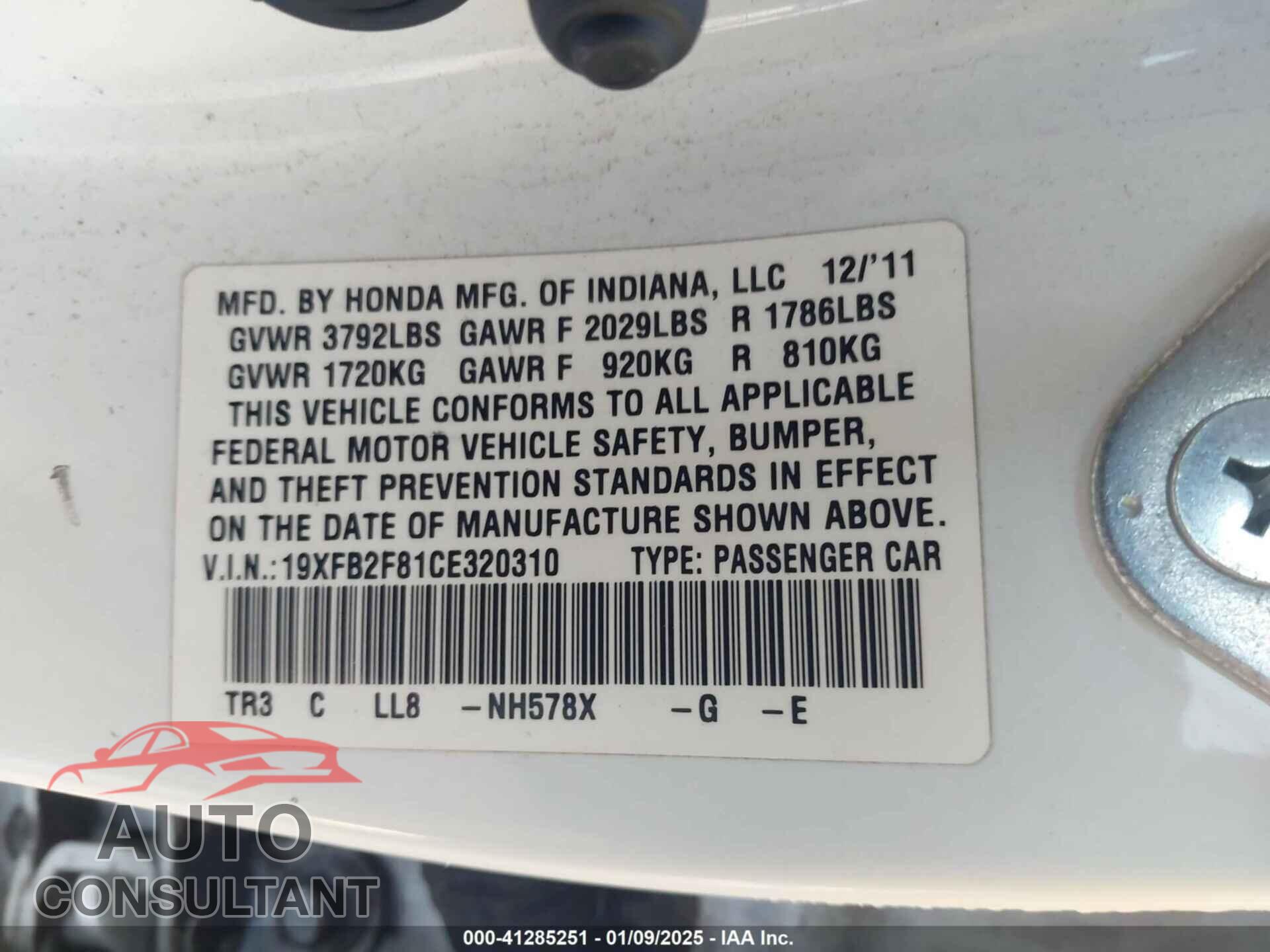 HONDA CIVIC 2012 - 19XFB2F81CE320310
