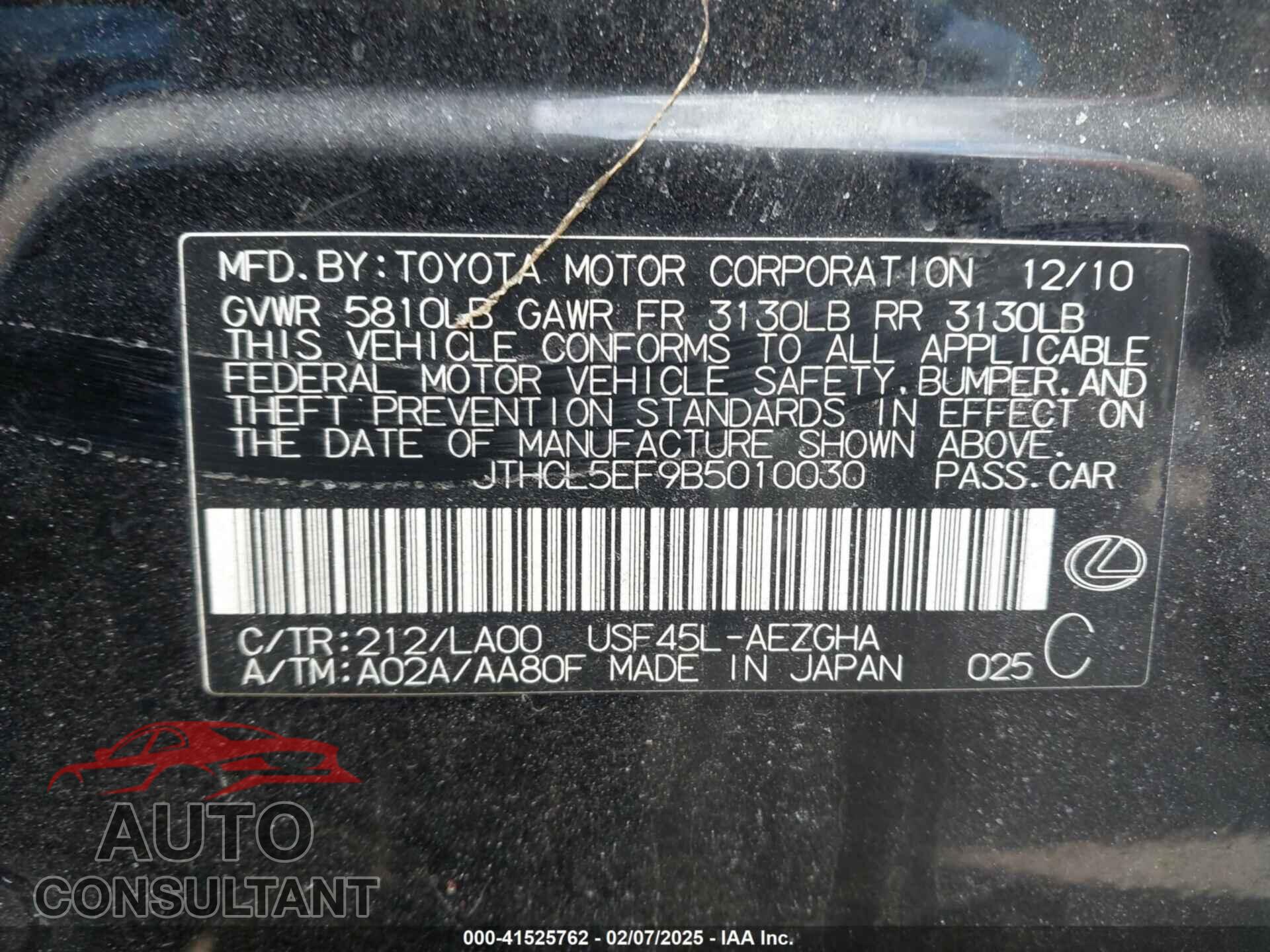 LEXUS LS 460 2011 - JTHCL5EF9B5010030