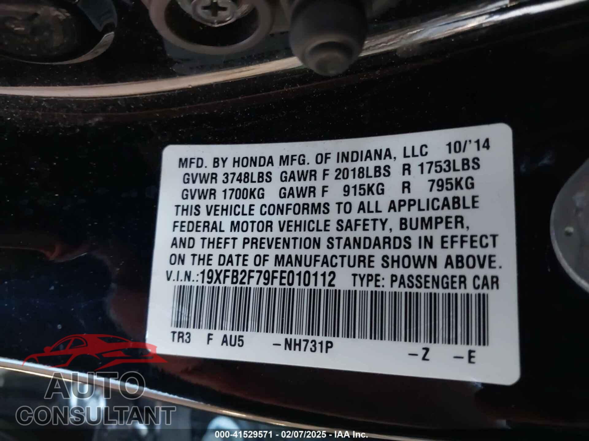 HONDA CIVIC 2015 - 19XFB2F79FE010112