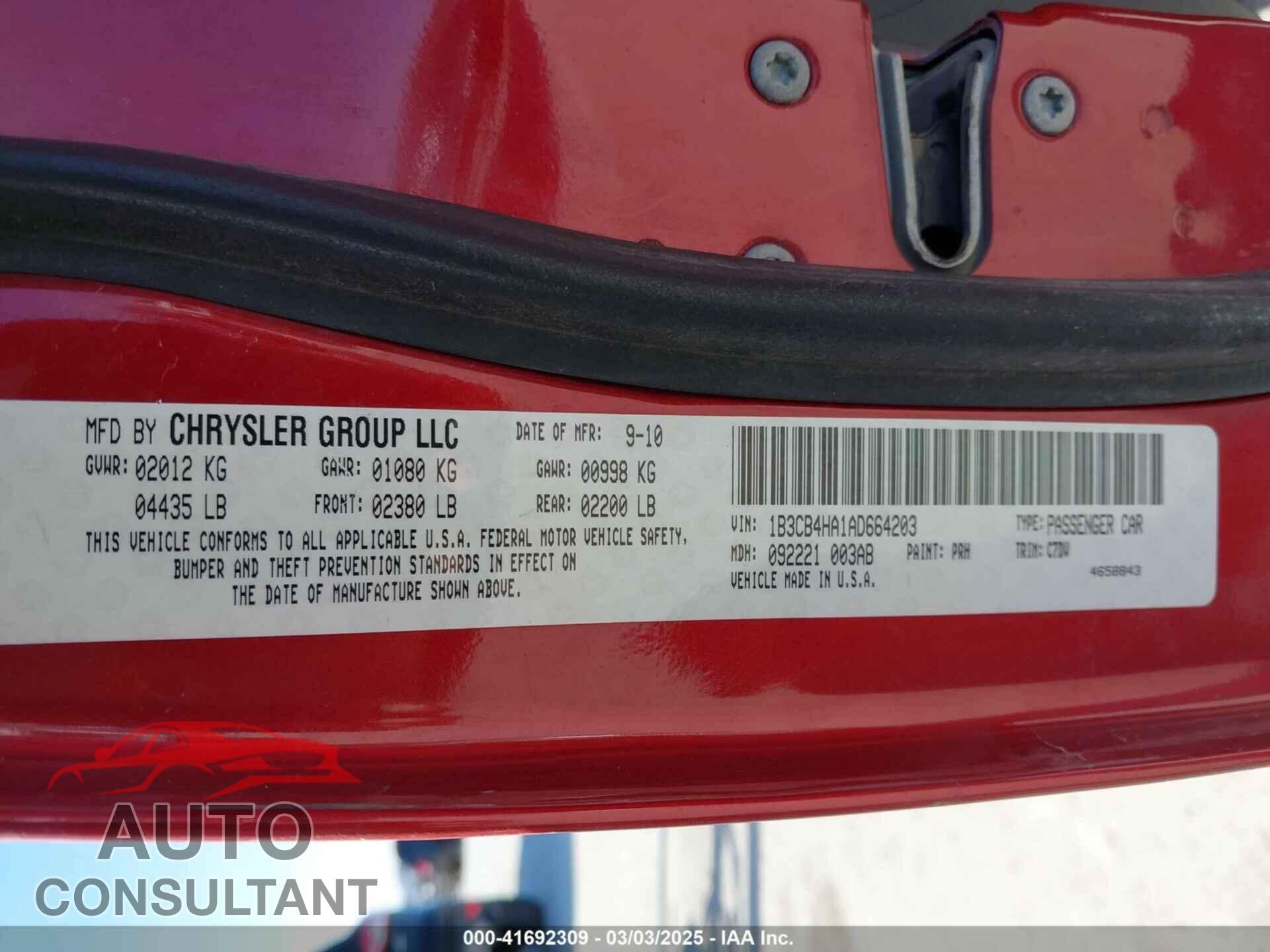 DODGE CALIBER 2010 - 1B3CB4HA1AD664203