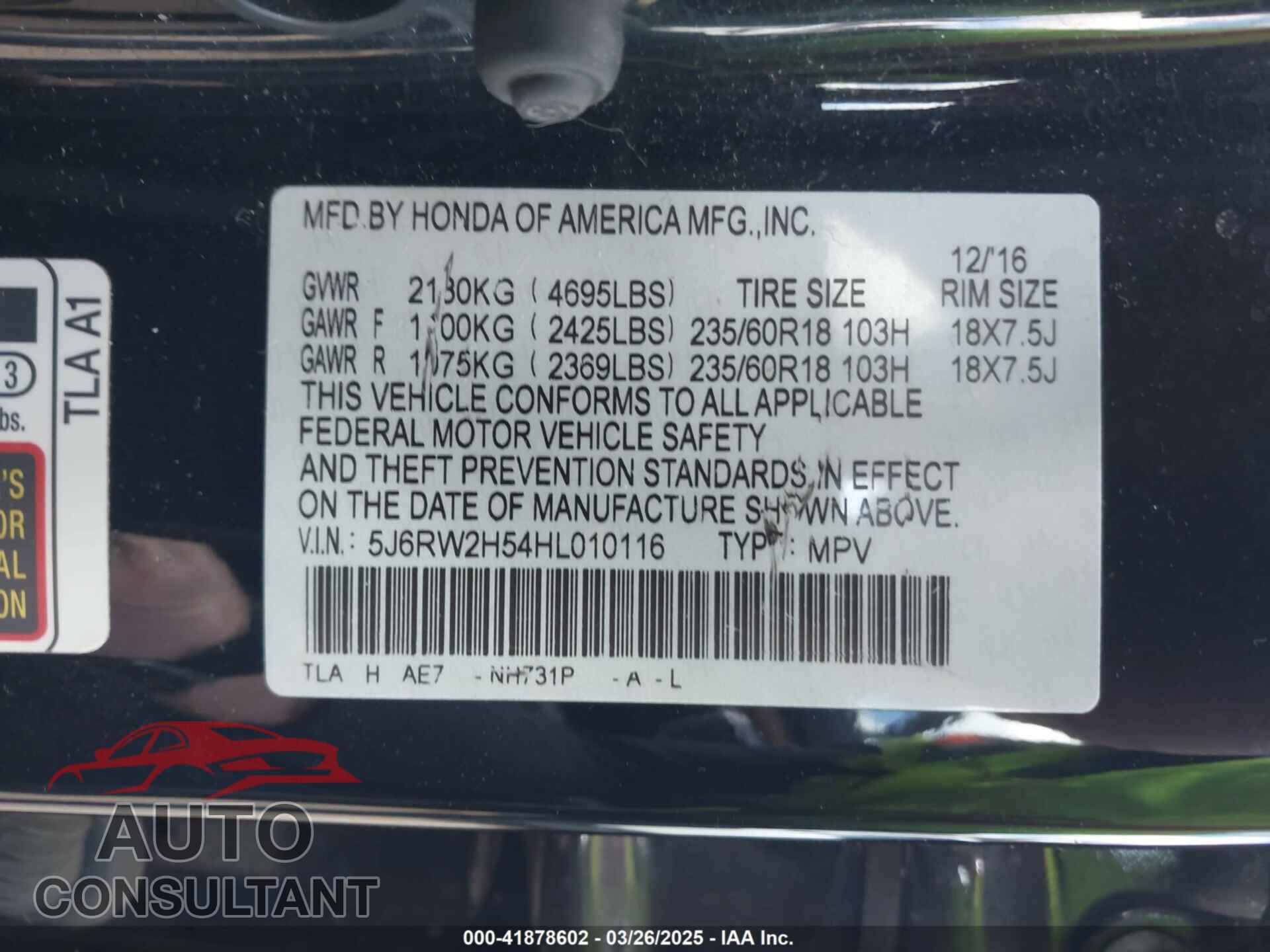 HONDA CR-V 2017 - 5J6RW2H54HL010116