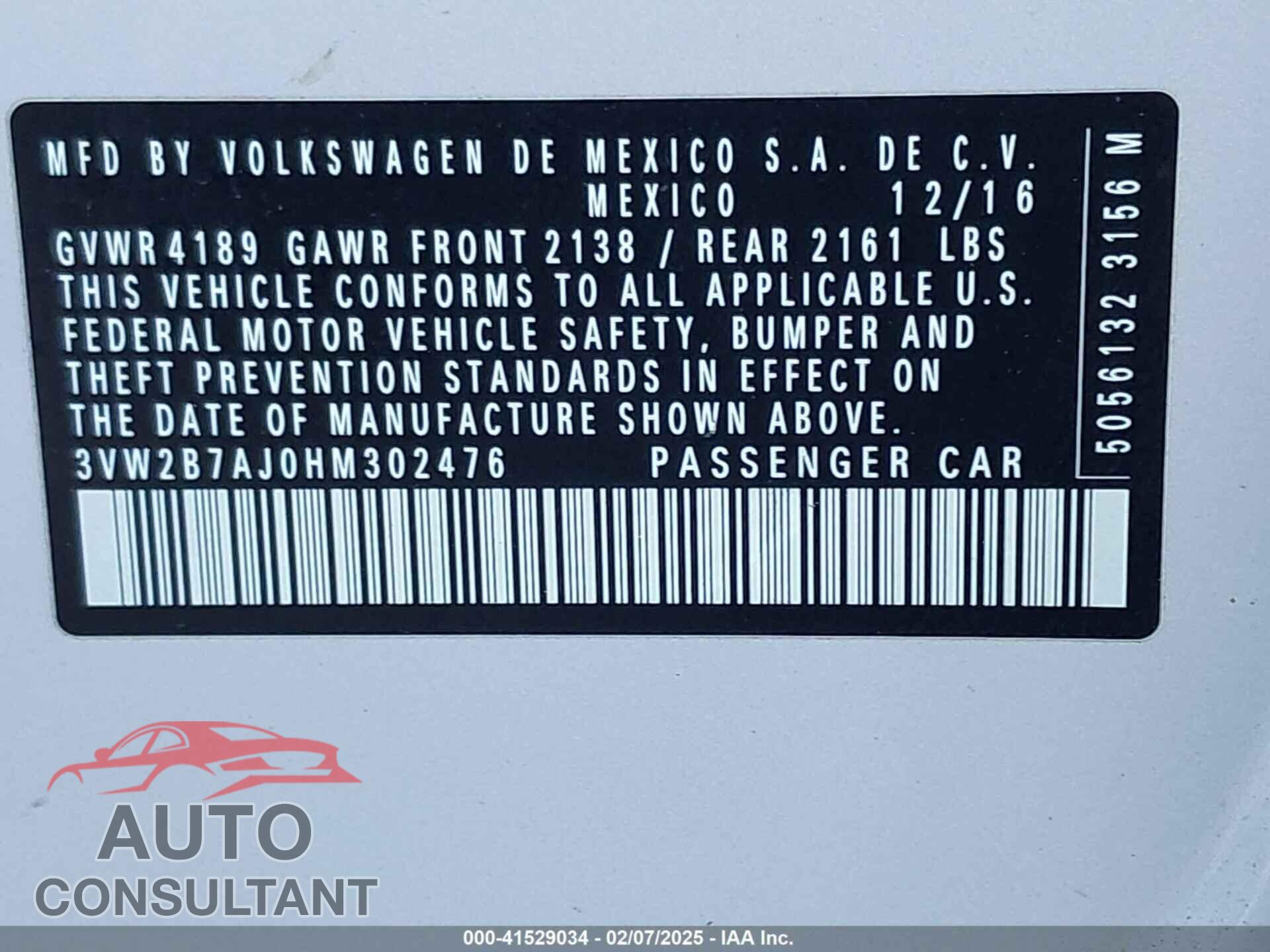 VOLKSWAGEN JETTA 2017 - 3VW2B7AJ0HM302476