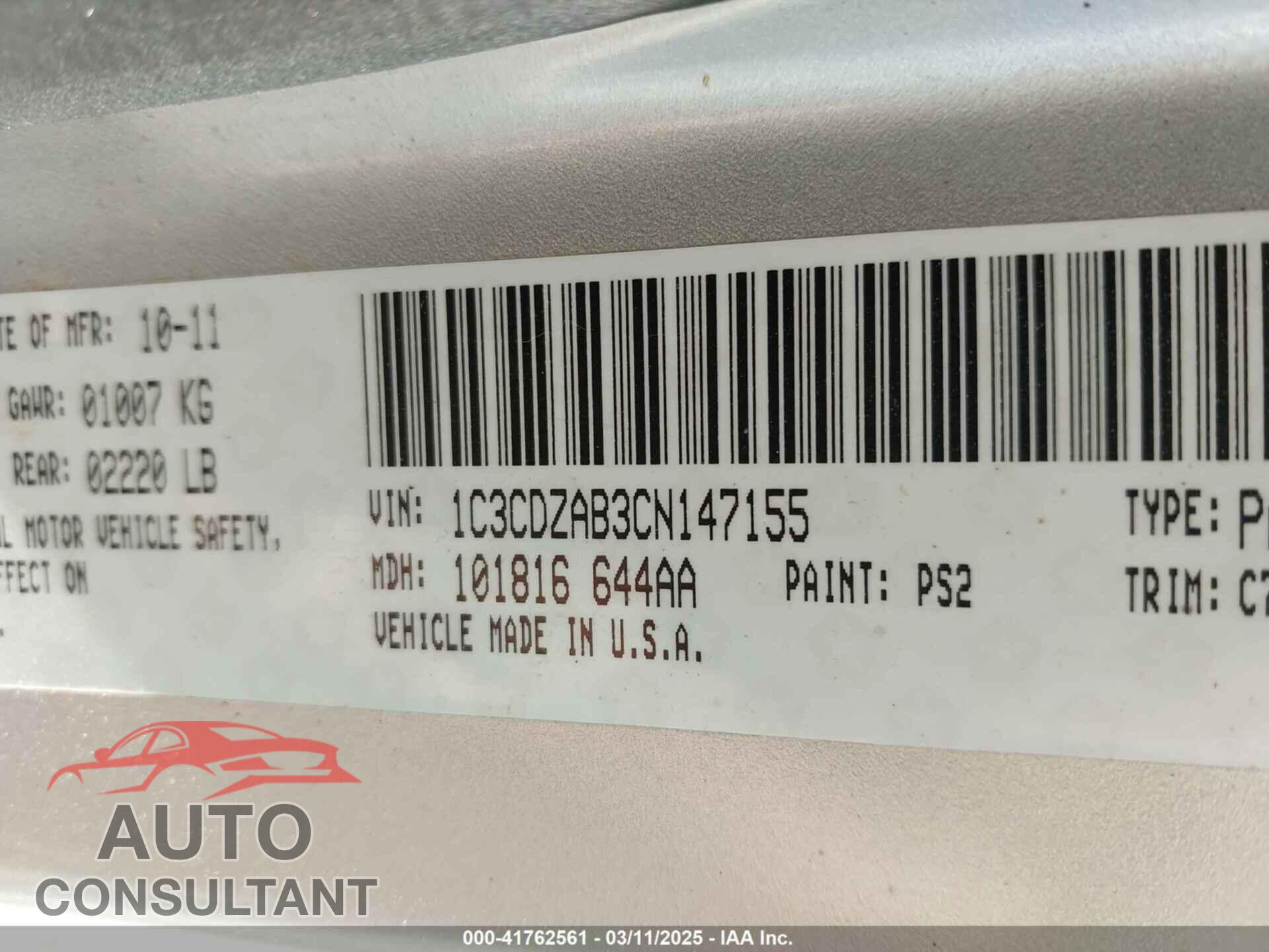 DODGE AVENGER 2012 - 1C3CDZAB3CN147155