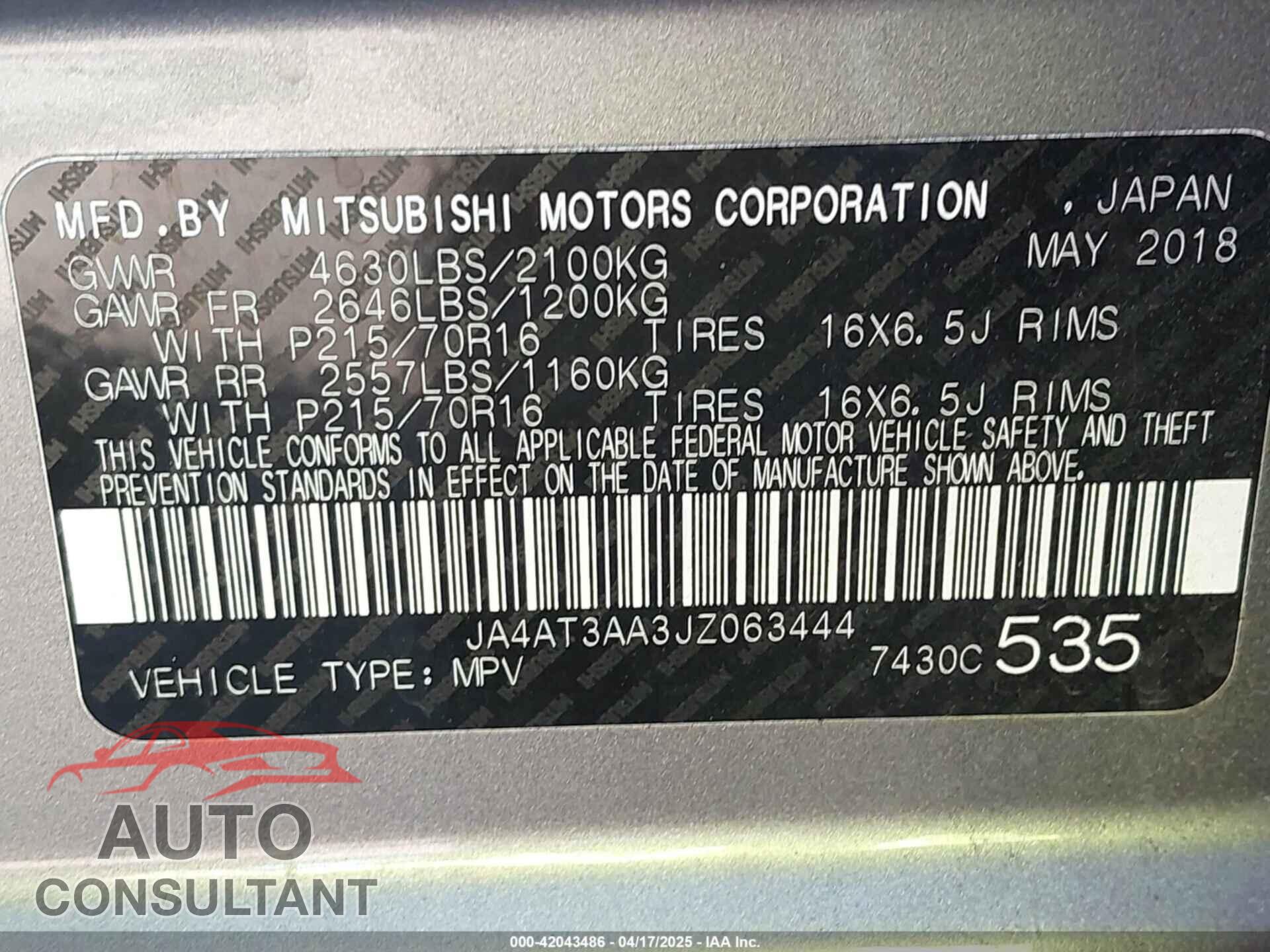 MITSUBISHI ECLIPSE CROSS 2018 - JA4AT3AA3JZ063444