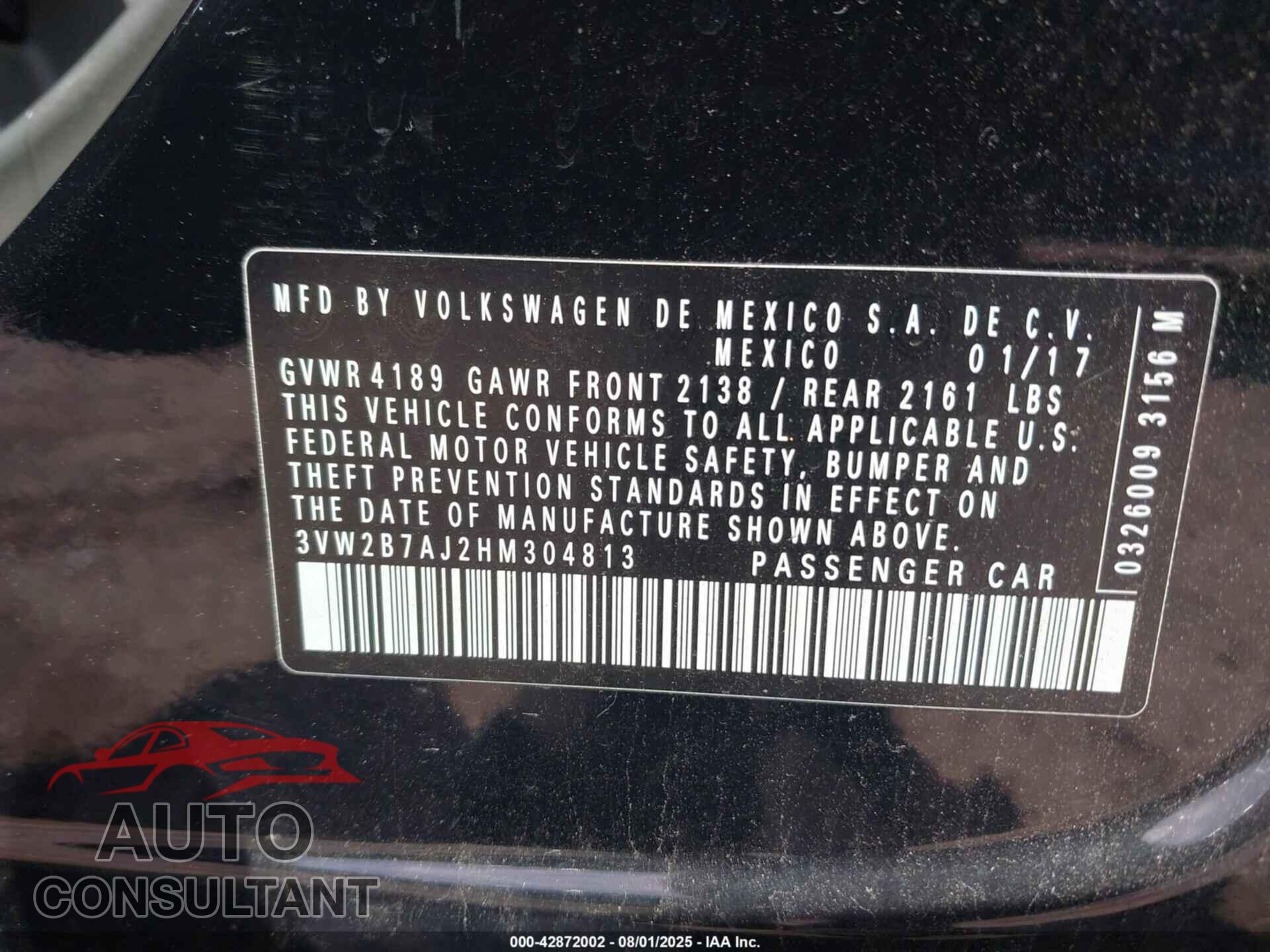 VOLKSWAGEN JETTA 2017 - 3VW2B7AJ2HM304813