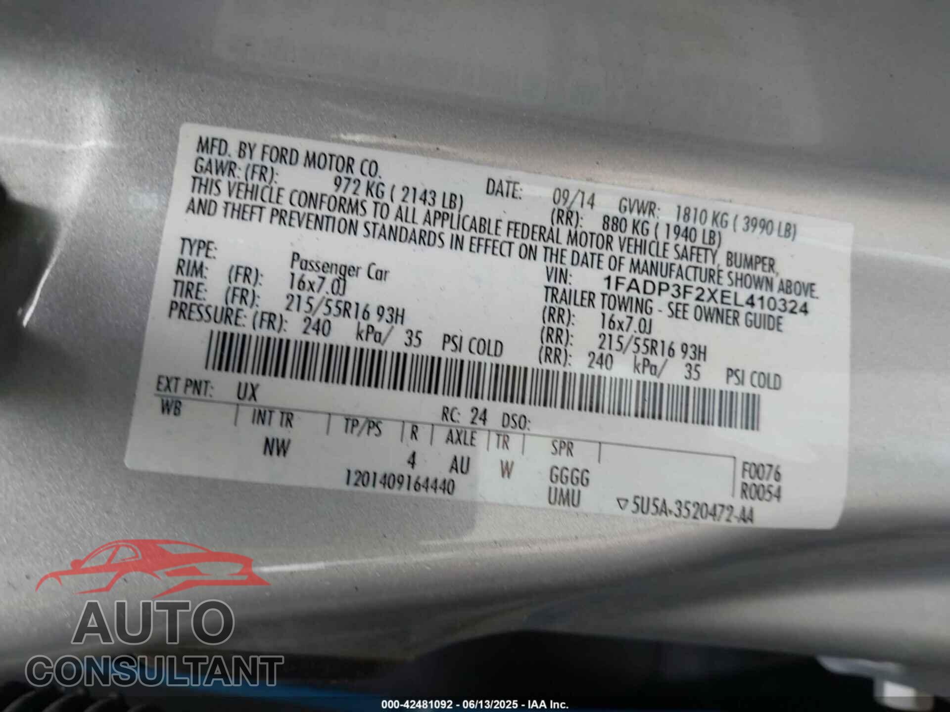 FORD FOCUS 2014 - 1FADP3F2XEL410324
