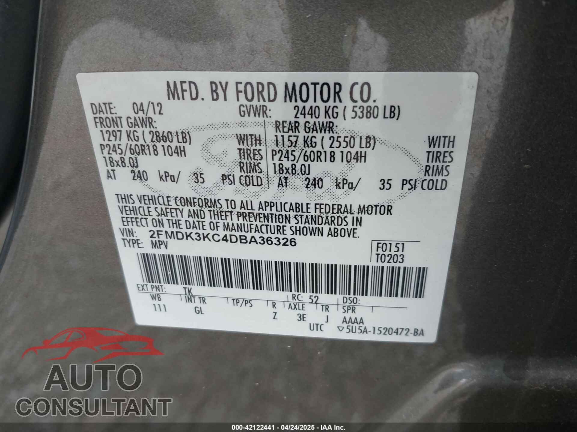 FORD EDGE 2013 - 2FMDK3KC4DBA36326