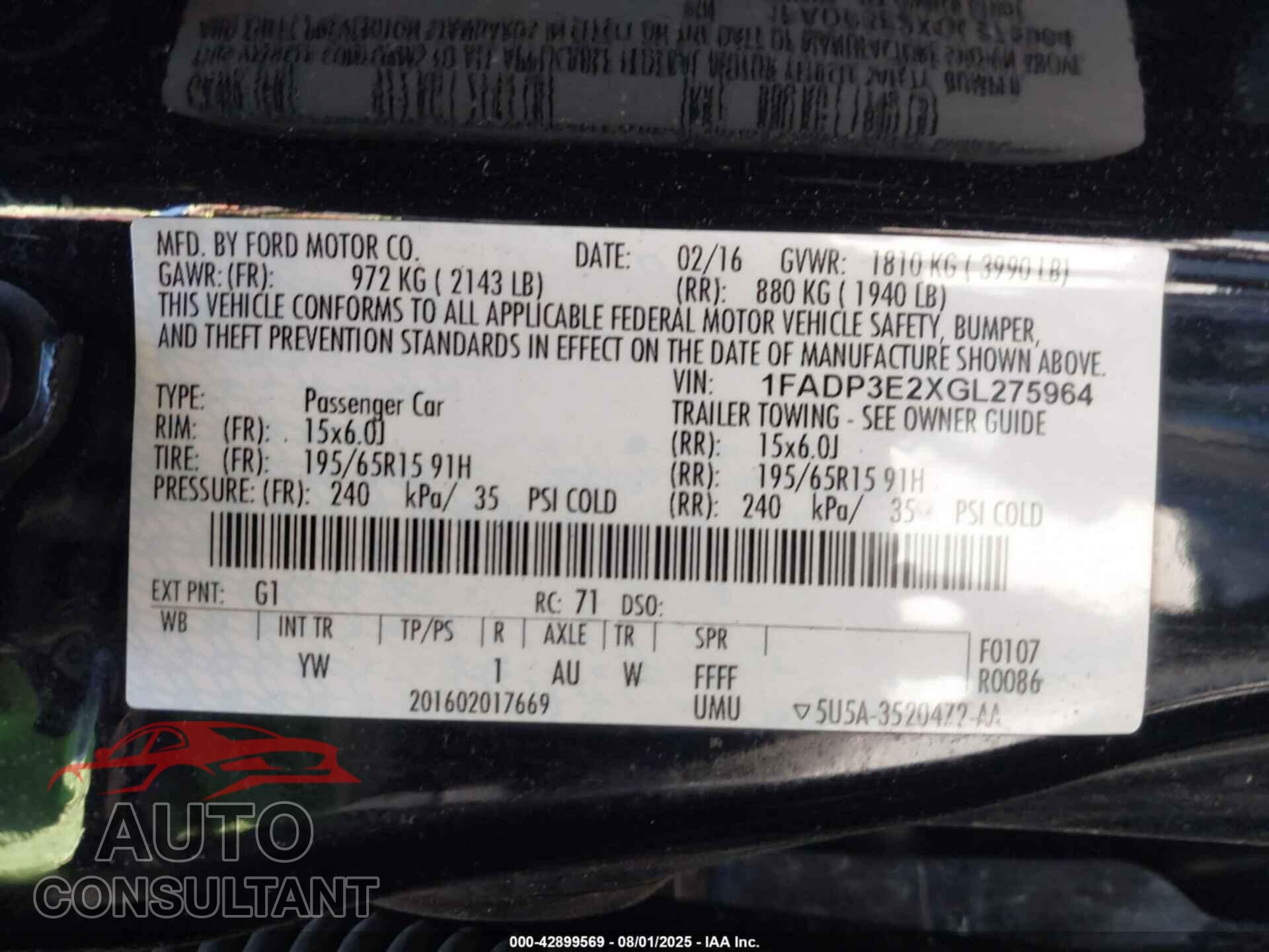 FORD FOCUS 2016 - 1FADP3E2XGL275964