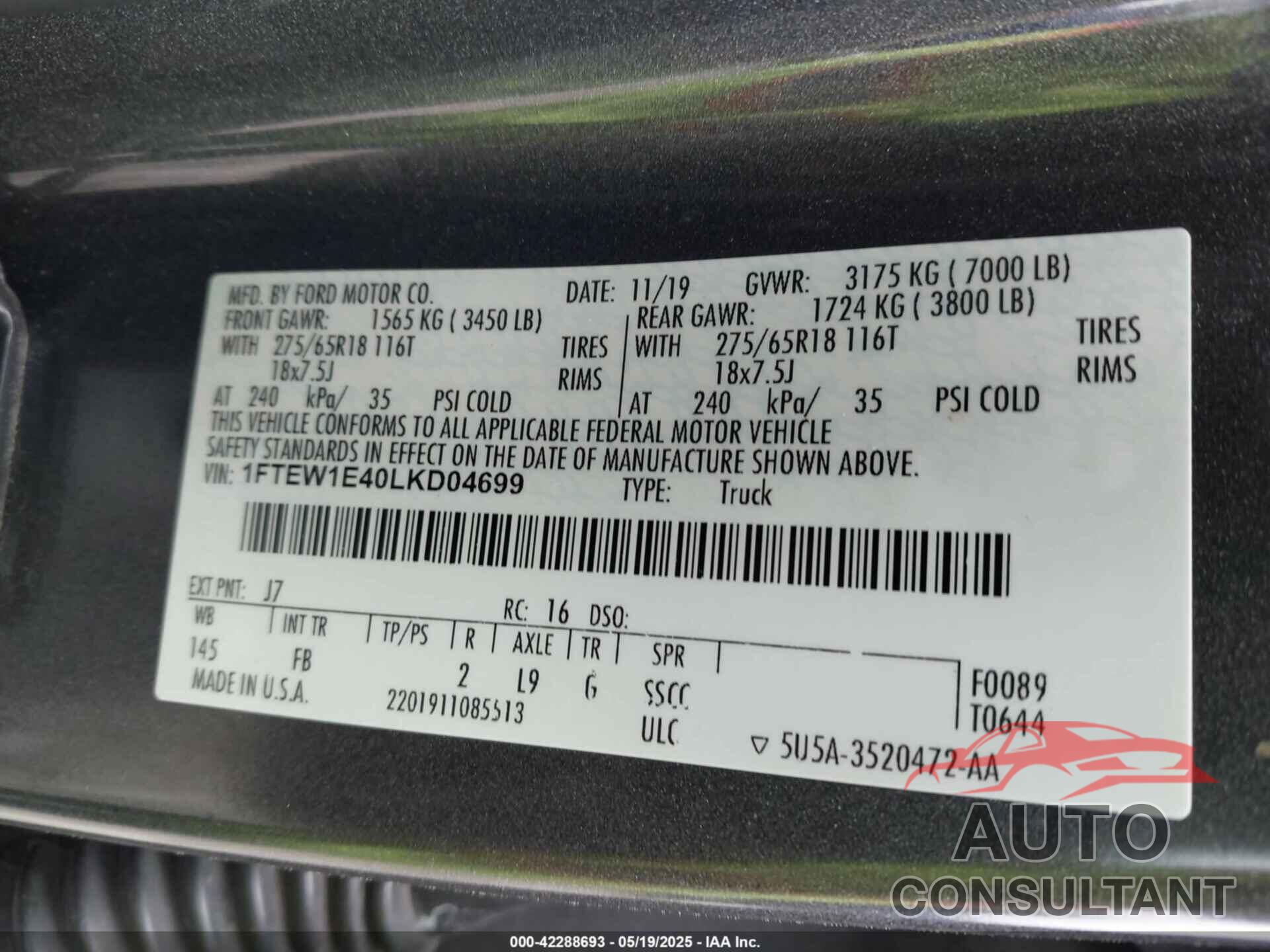 FORD F-150 2020 - 1FTEW1E40LKD04699