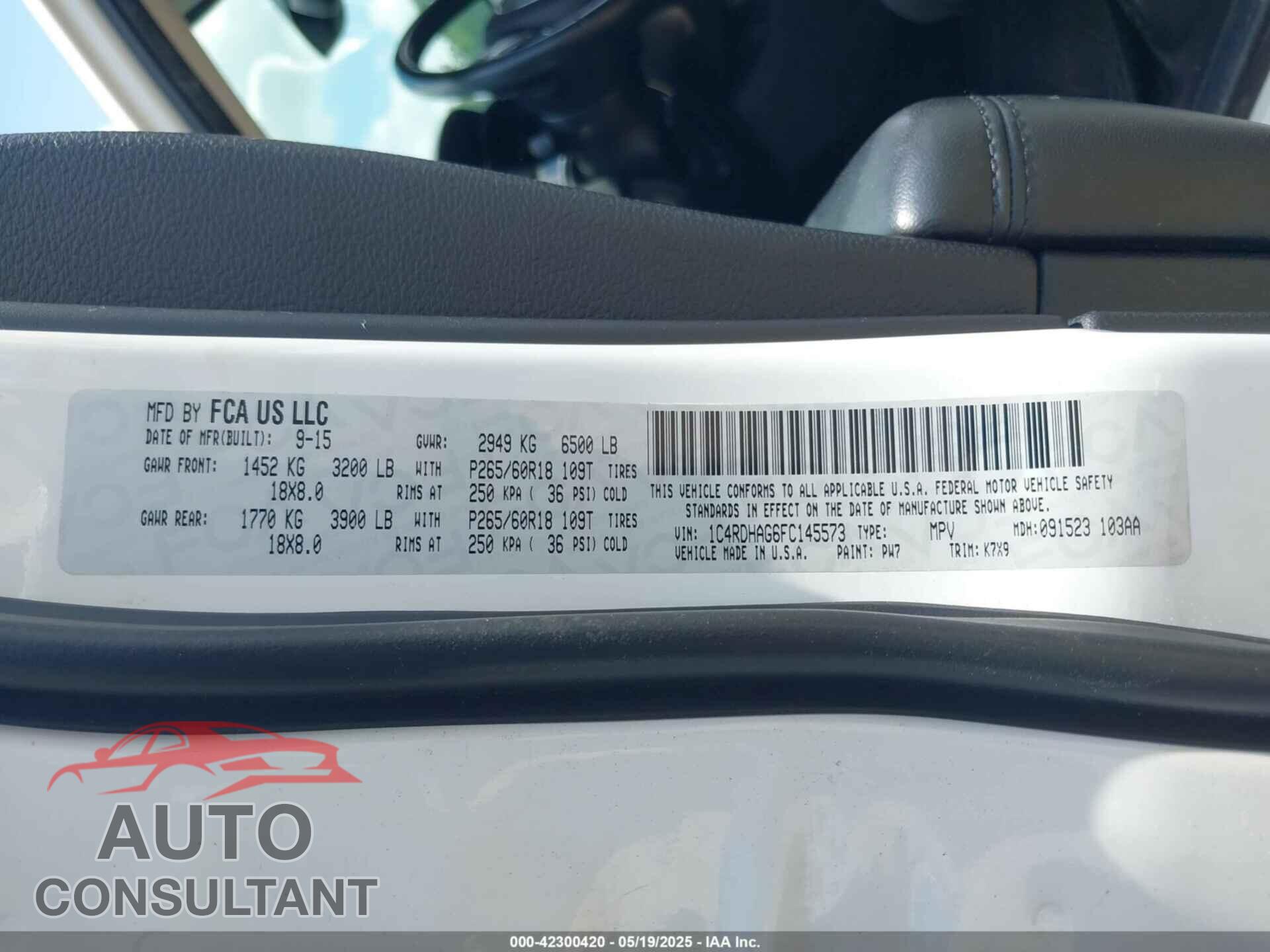 DODGE DURANGO 2015 - 1C4RDHAG6FC145573