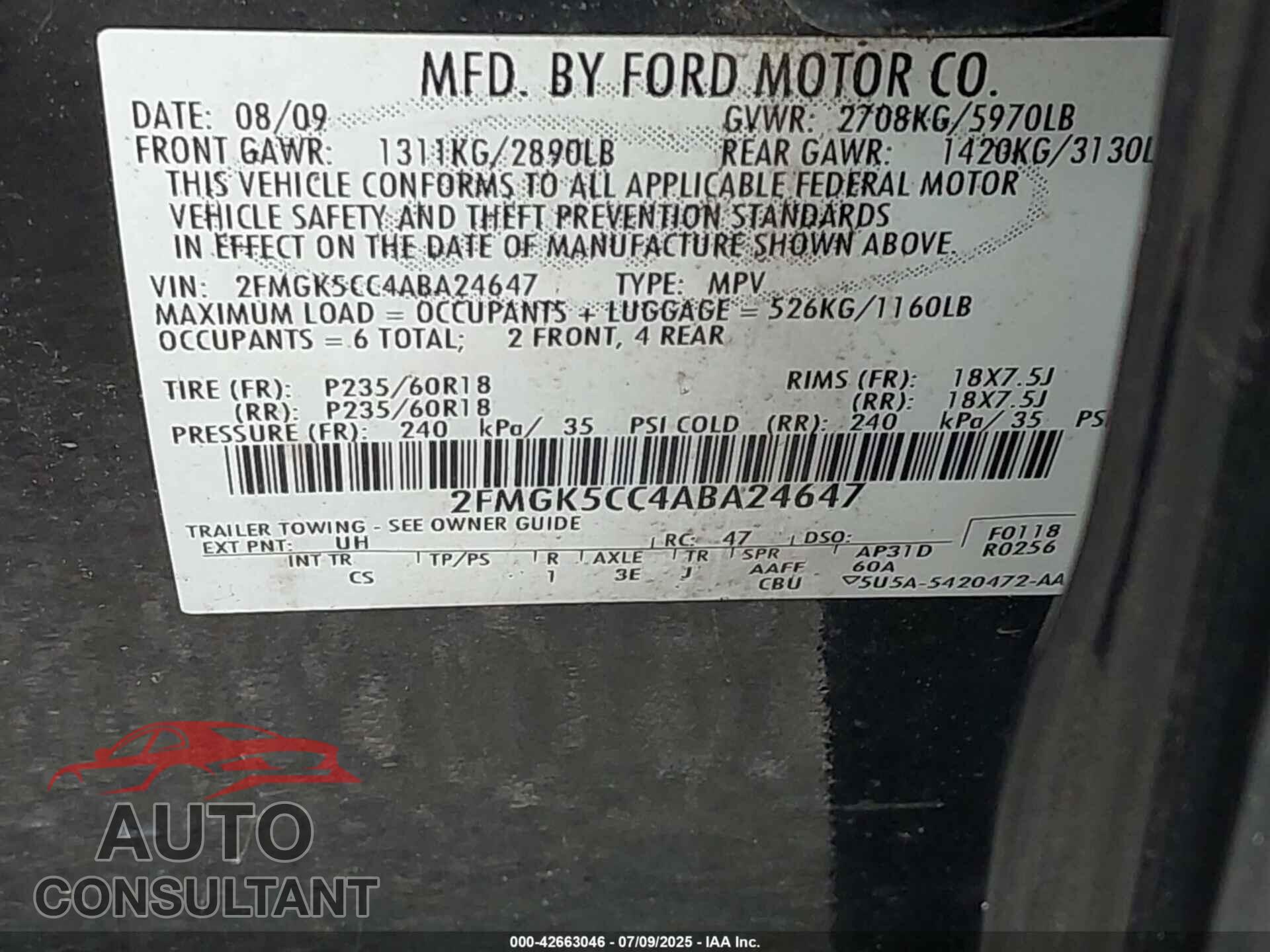 FORD FLEX 2010 - 2FMGK5CC4ABA24647