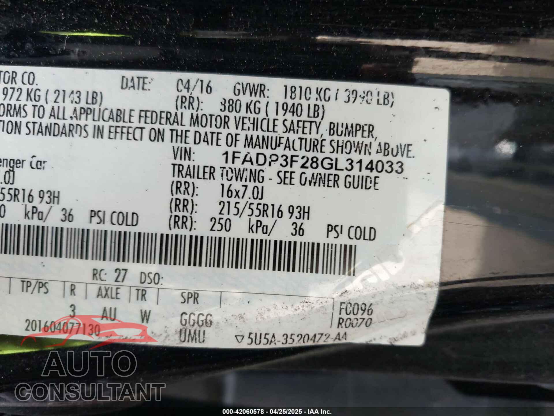 FORD FOCUS 2016 - 1FADP3F28GL314033