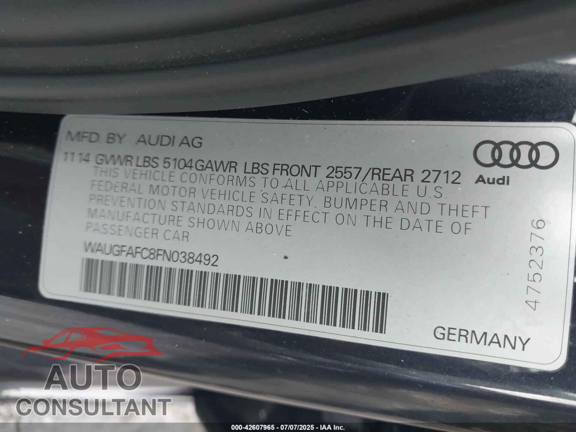 AUDI A6 2015 - WAUGFAFC8FN038492
