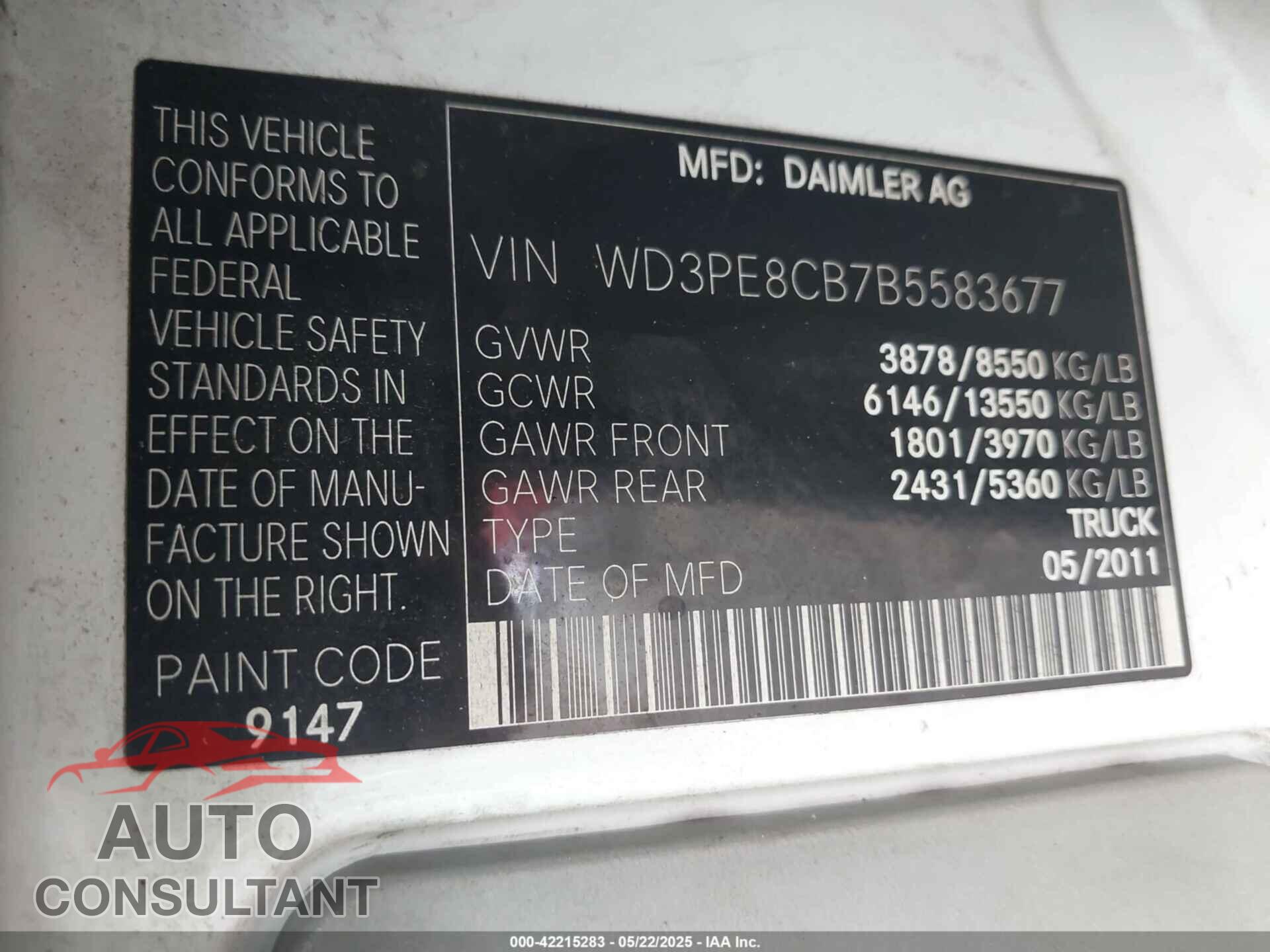 MERCEDES-BENZ SPRINTER 2500 2011 - WD3PE8CB7B5583677