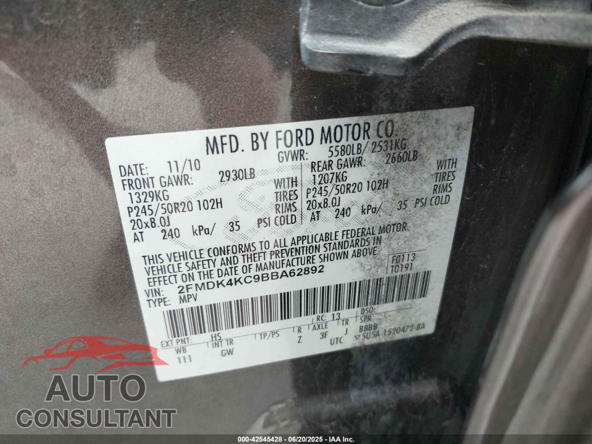 FORD EDGE 2011 - 2FMDK4KC9BBA62892