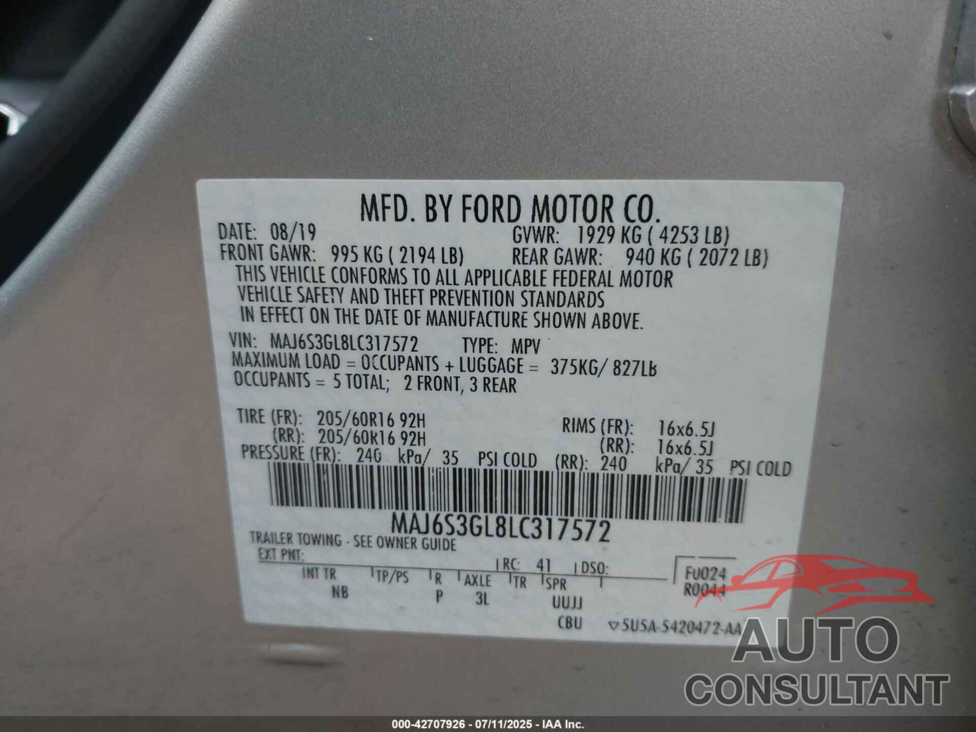 FORD ECOSPORT 2020 - MAJ6S3GL8LC317572