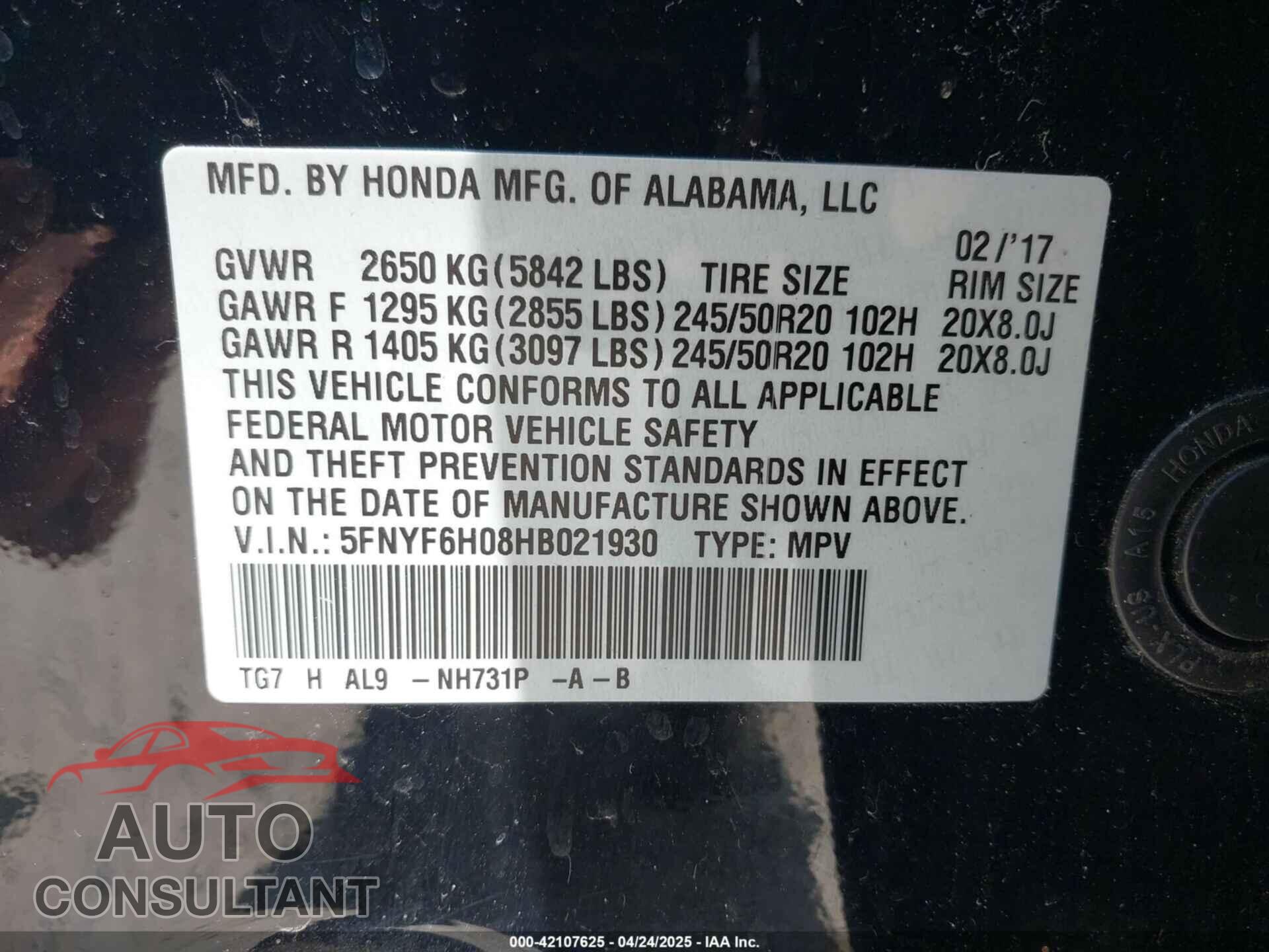HONDA PILOT 2017 - 5FNYF6H08HB021930