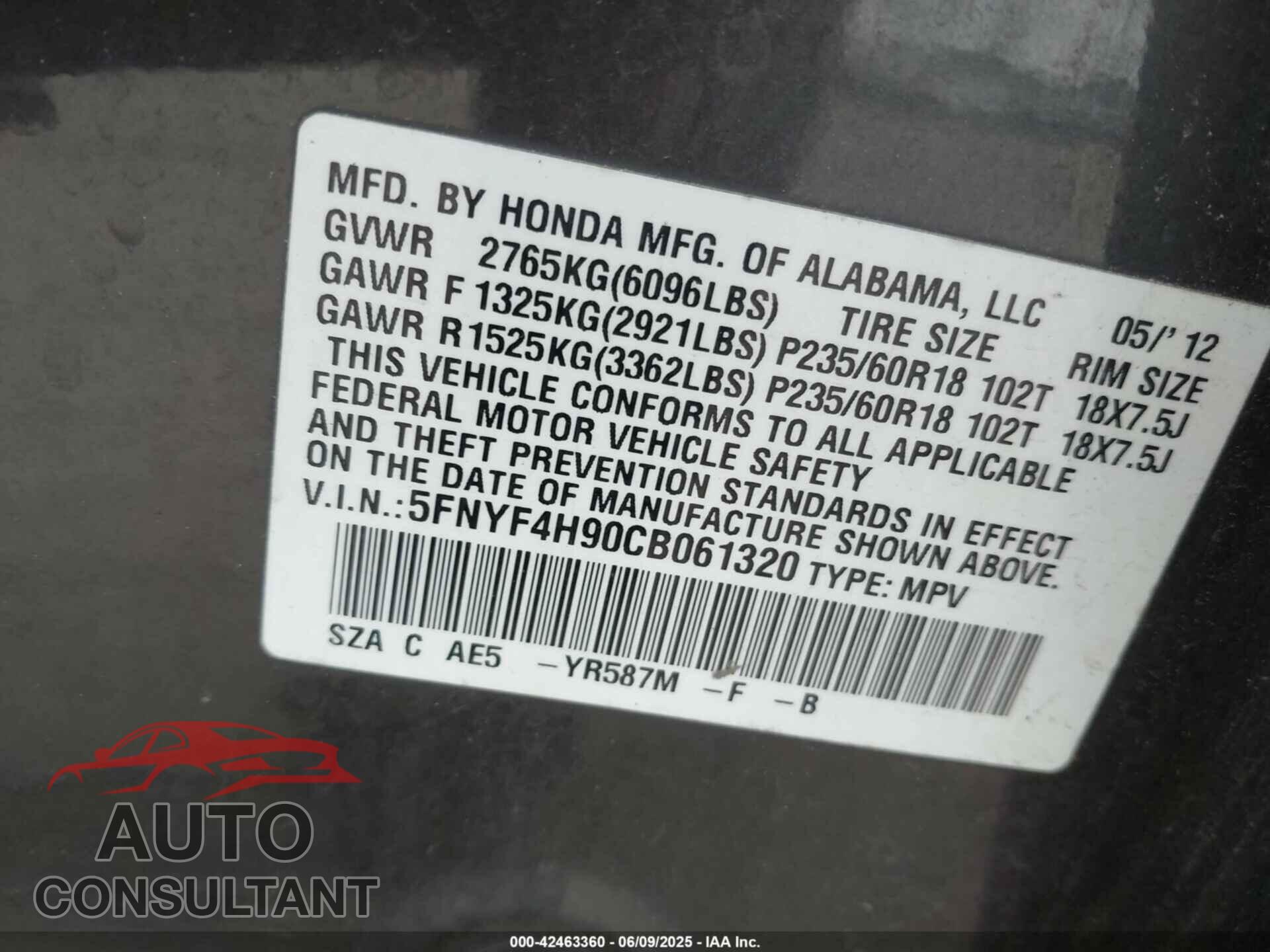 HONDA PILOT 2012 - 5FNYF4H90CB061320
