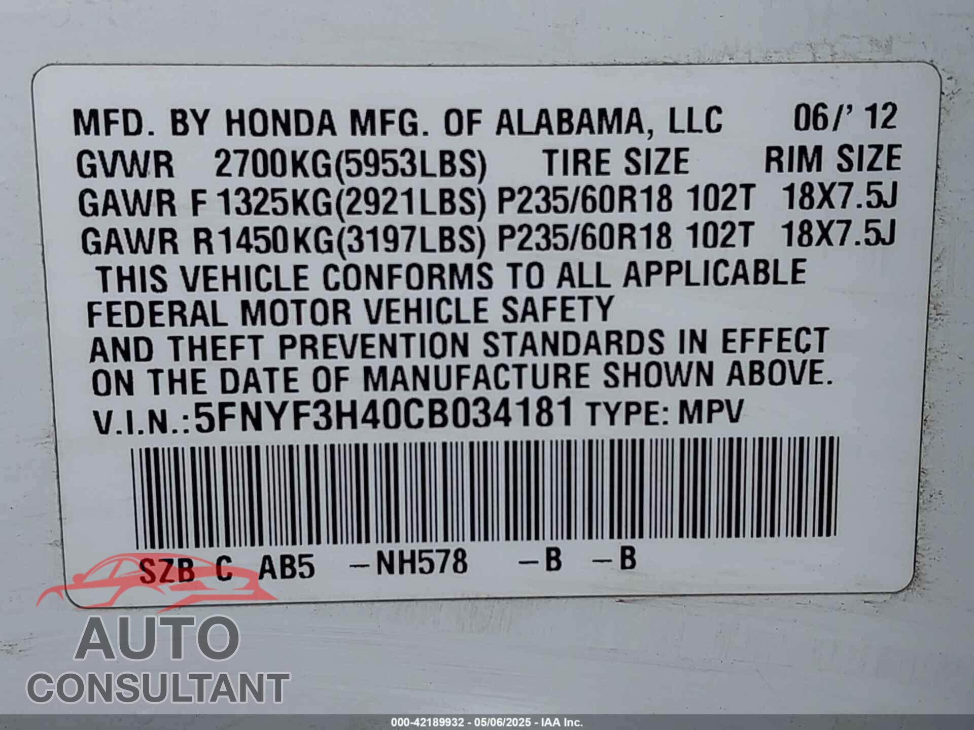 HONDA PILOT 2012 - 5FNYF3H40CB034181