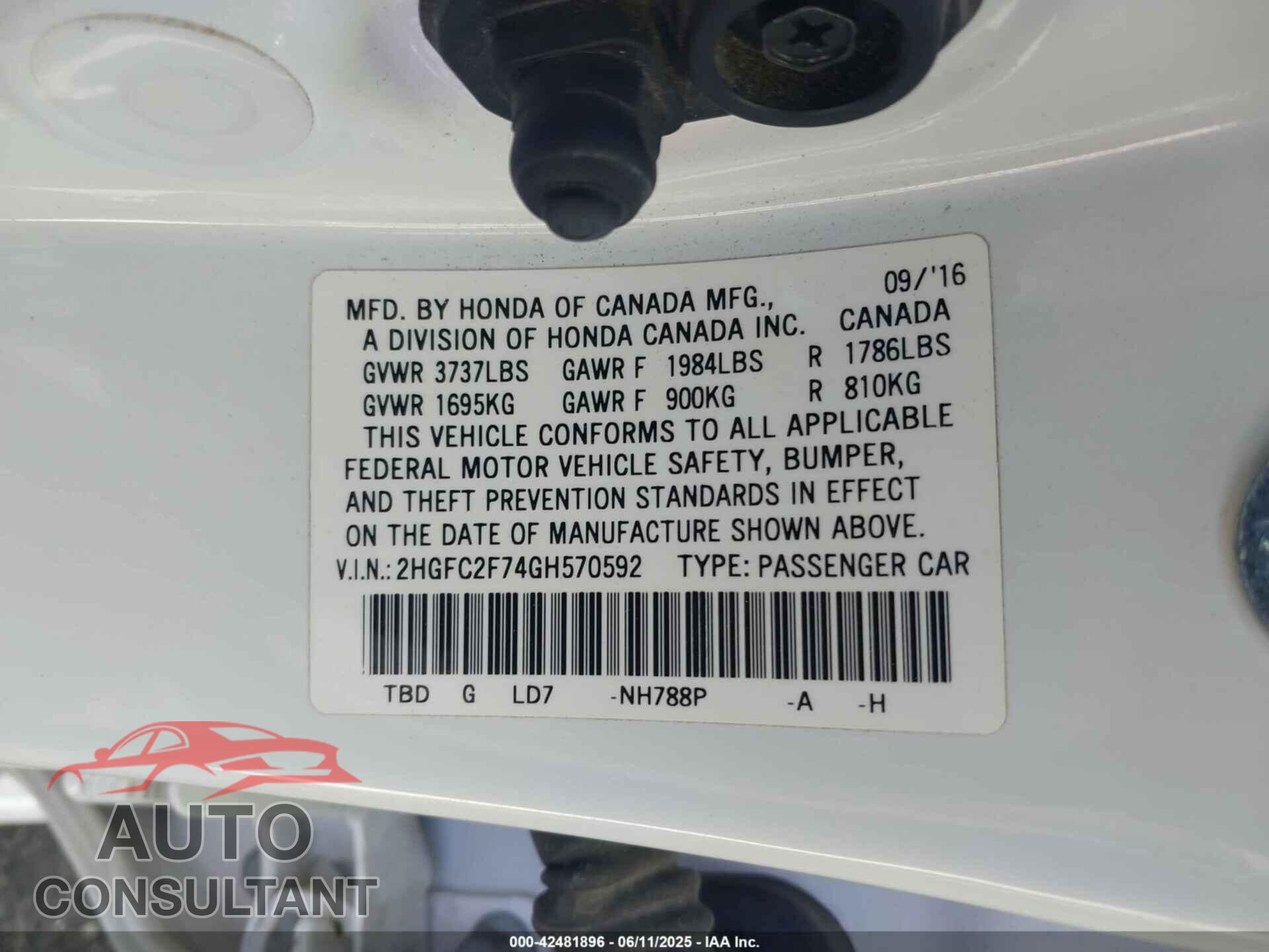 HONDA CIVIC 2016 - 2HGFC2F74GH570592