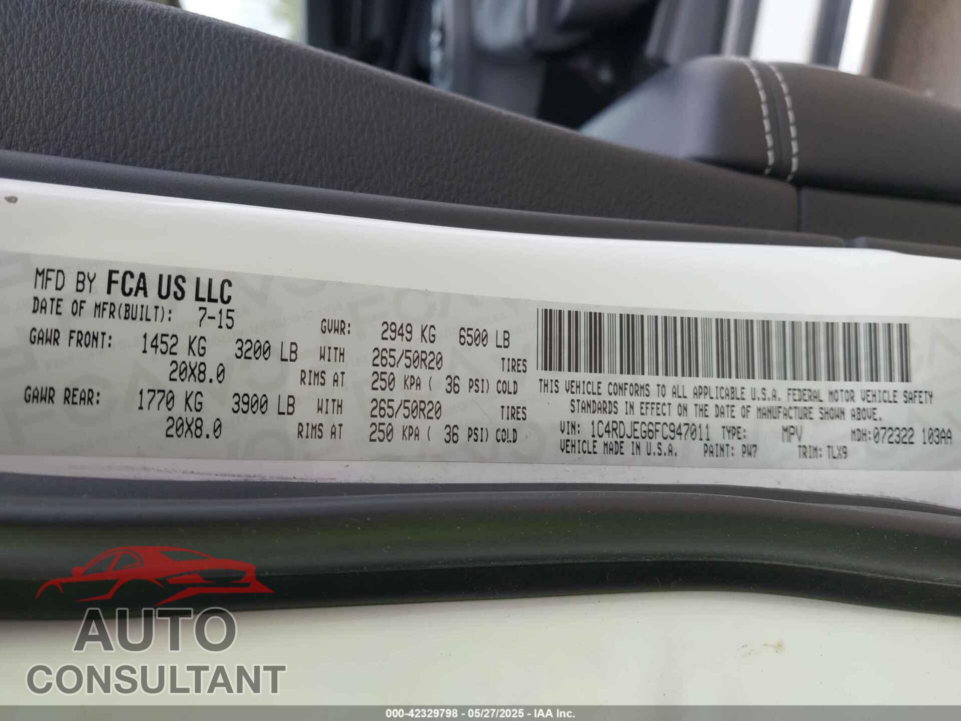 DODGE DURANGO 2015 - 1C4RDJEG6FC947011