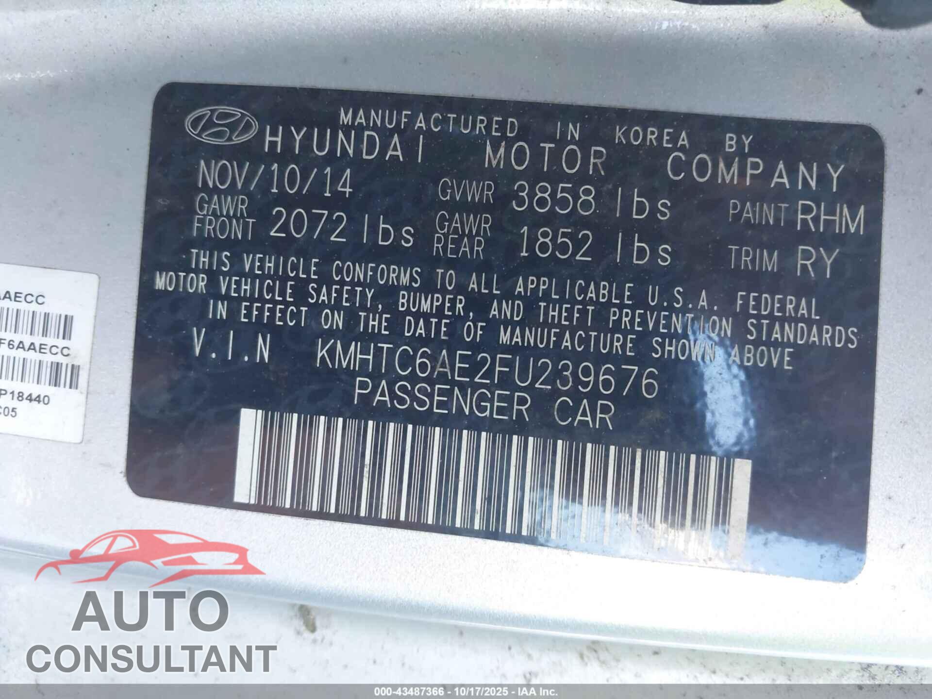 HYUNDAI VELOSTER 2015 - KMHTC6AE2FU239676