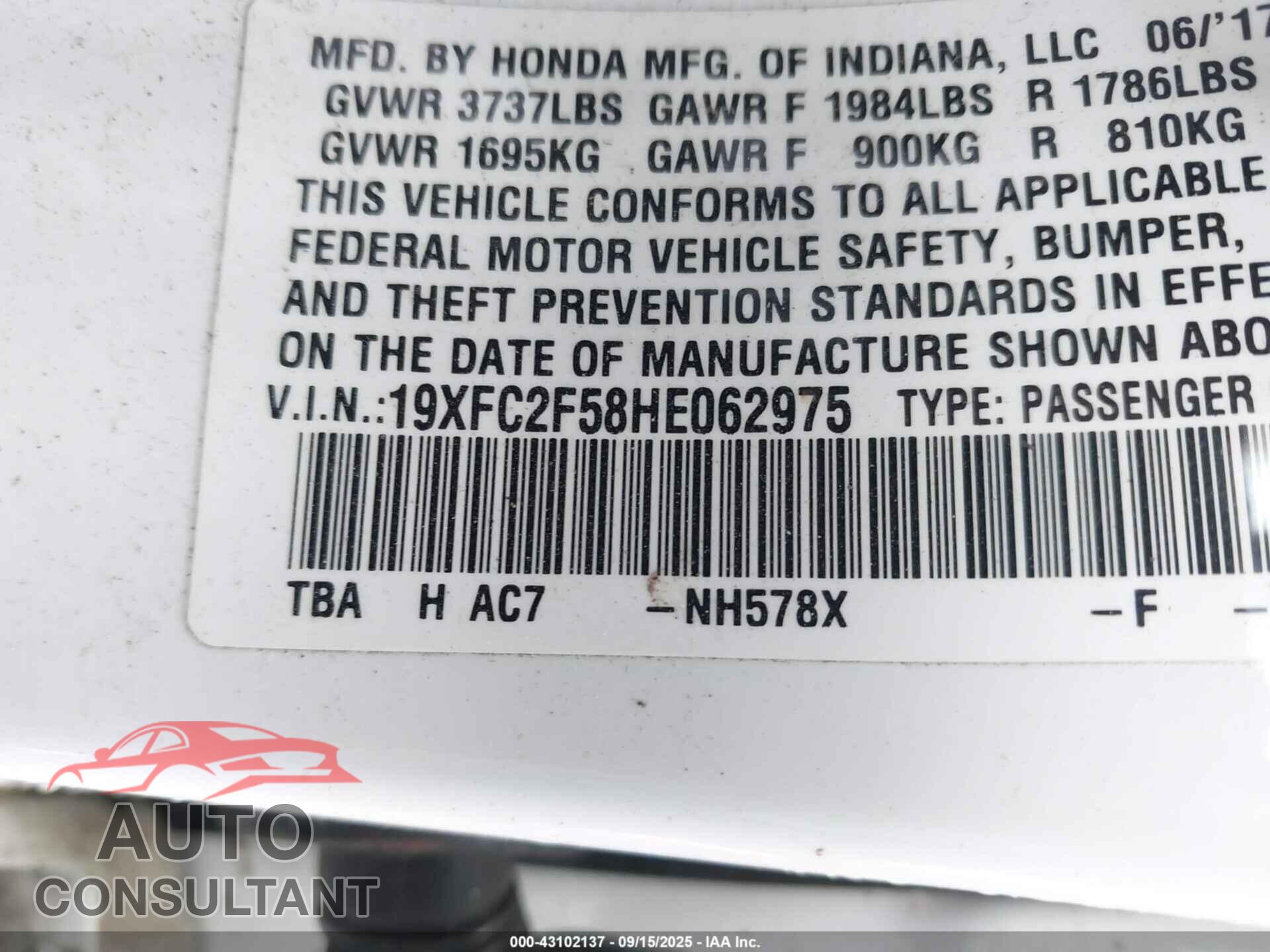 HONDA CIVIC 2017 - 19XFC2F58HE062975