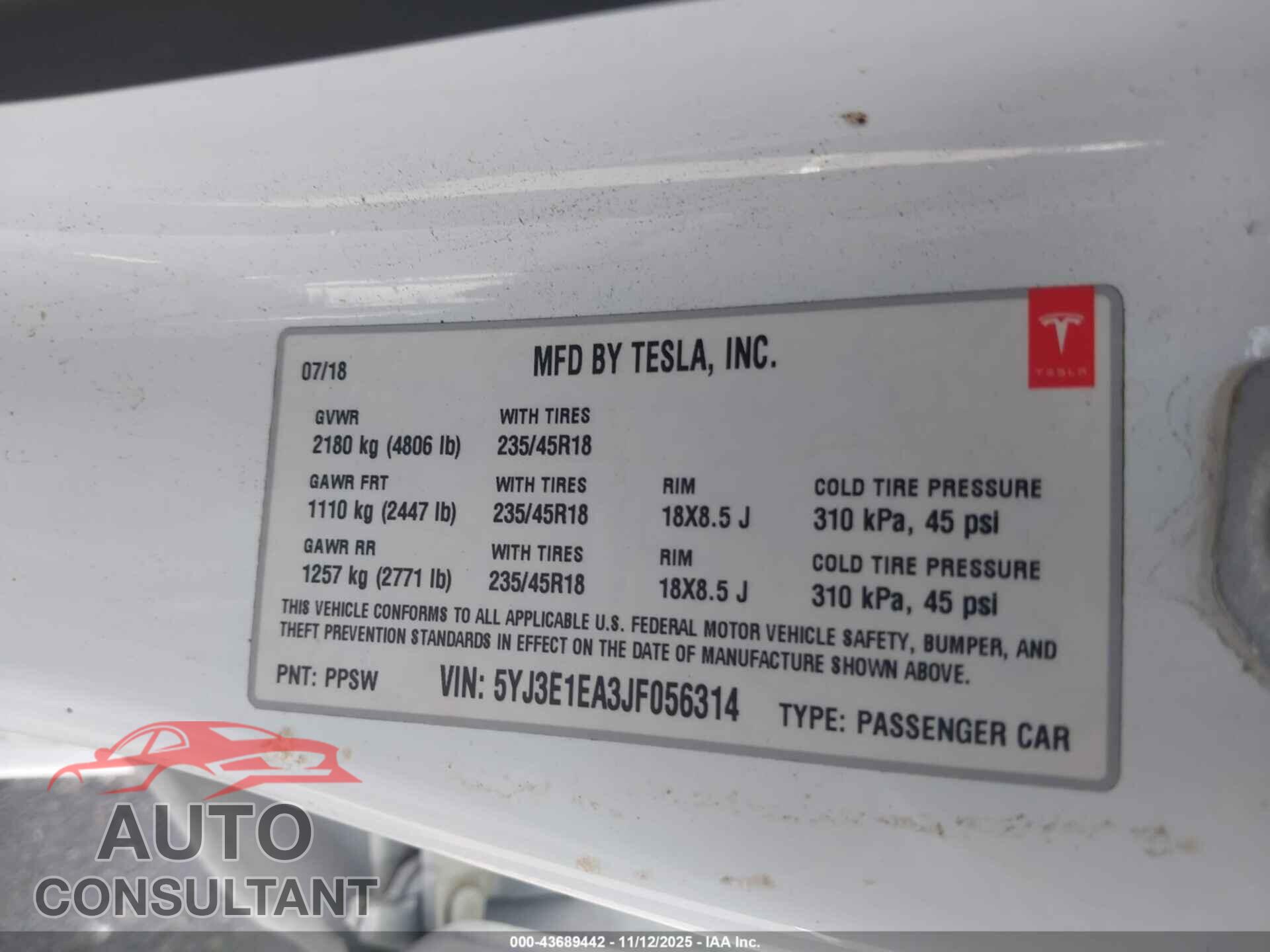 TESLA MODEL 3 2018 - 5YJ3E1EA3JF056314