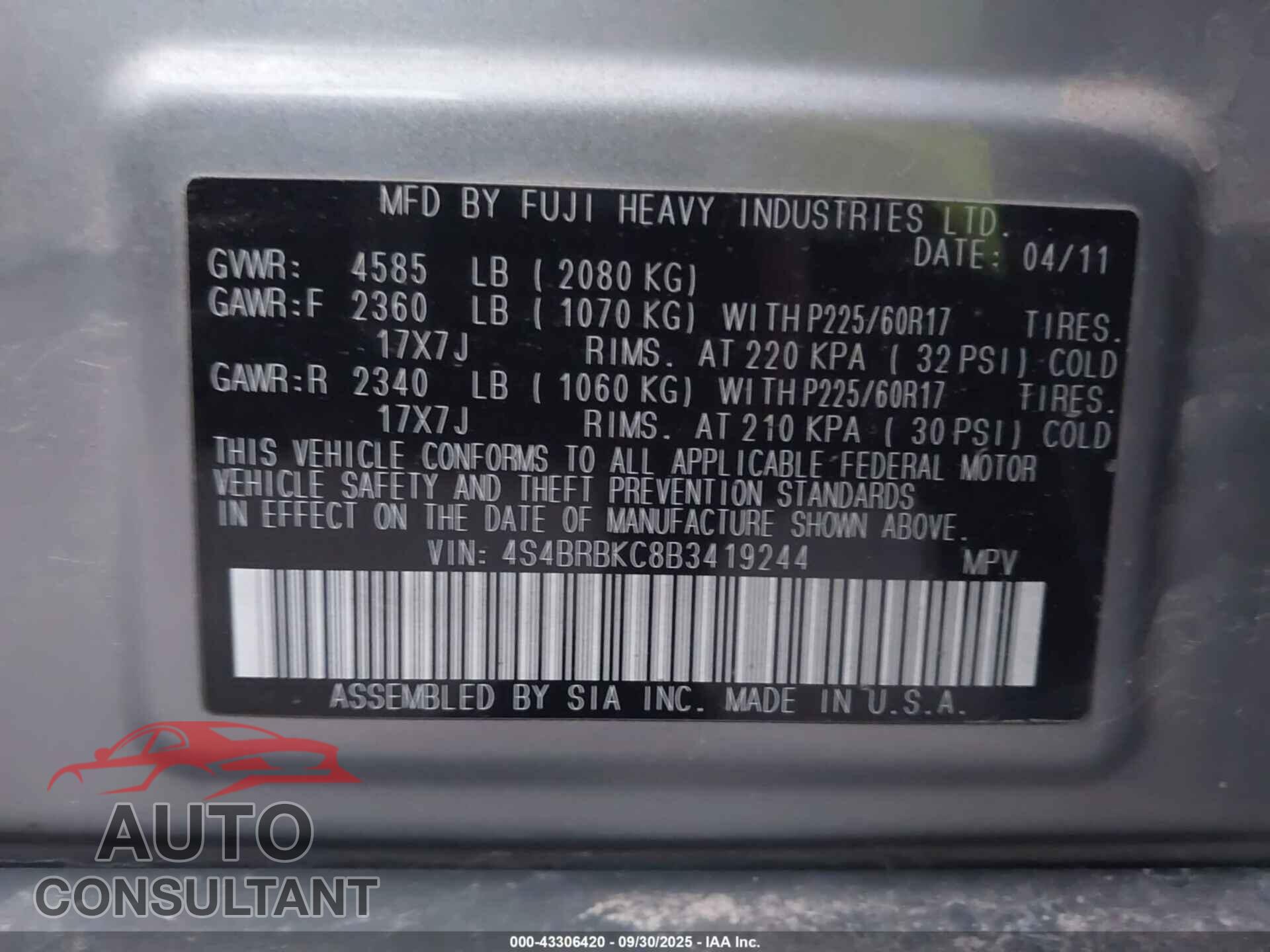SUBARU OUTBACK 2011 - 4S4BRBKC8B3419244