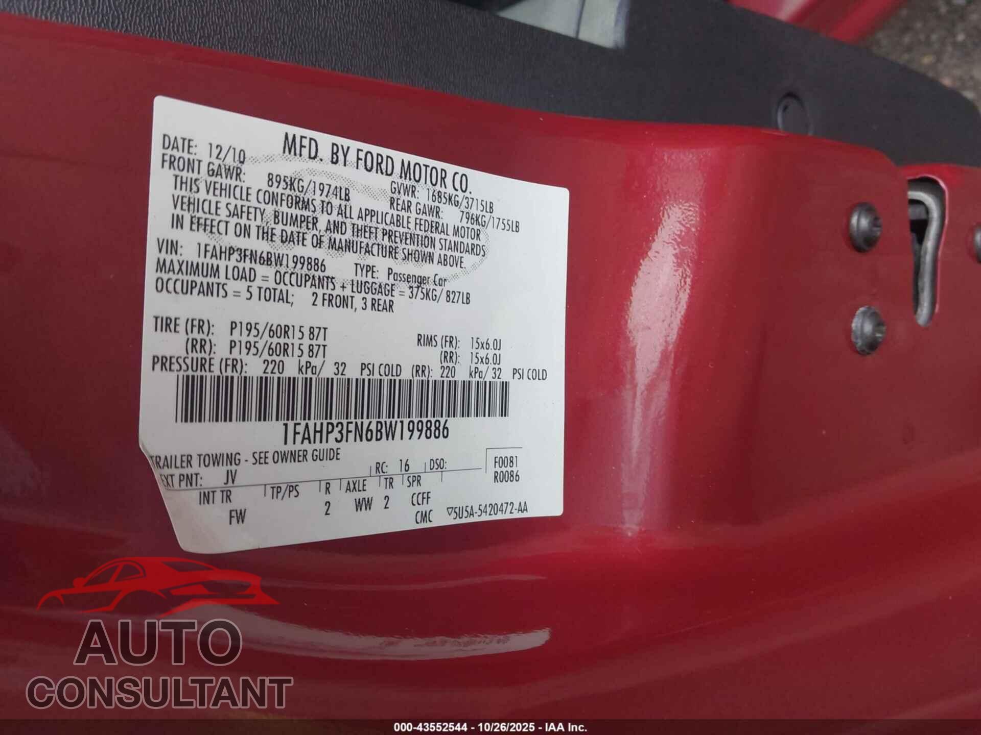 FORD FOCUS 2011 - 1FAHP3FN6BW199886