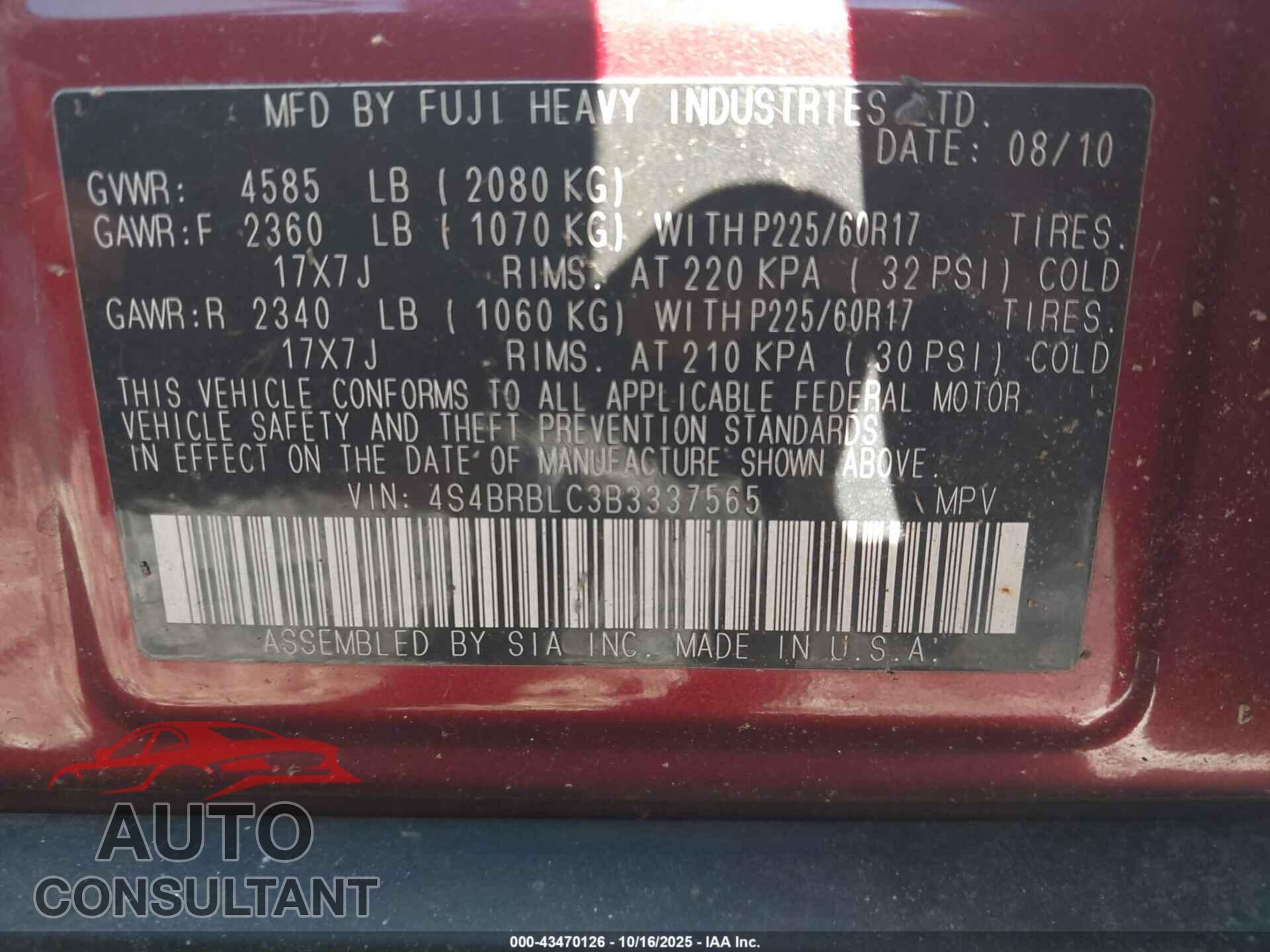SUBARU OUTBACK 2011 - 4S4BRBLC3B3337565