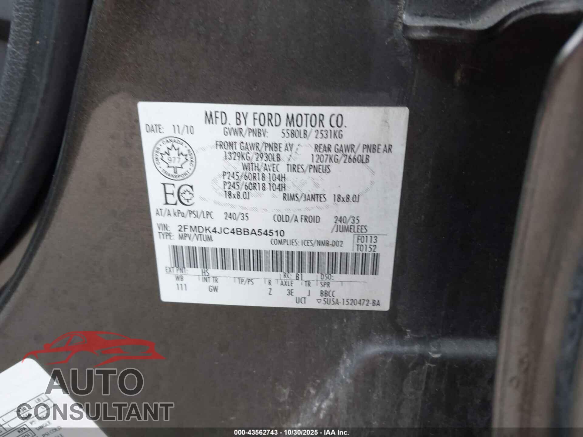 FORD EDGE 2011 - 2FMDK4JC4BBA54510