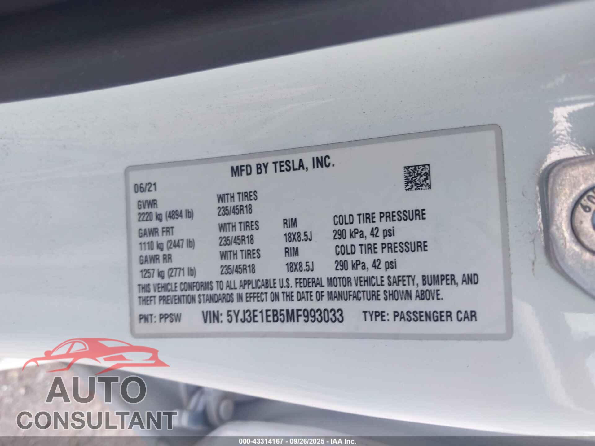 TESLA MODEL 3 2021 - 5YJ3E1EB5MF993033