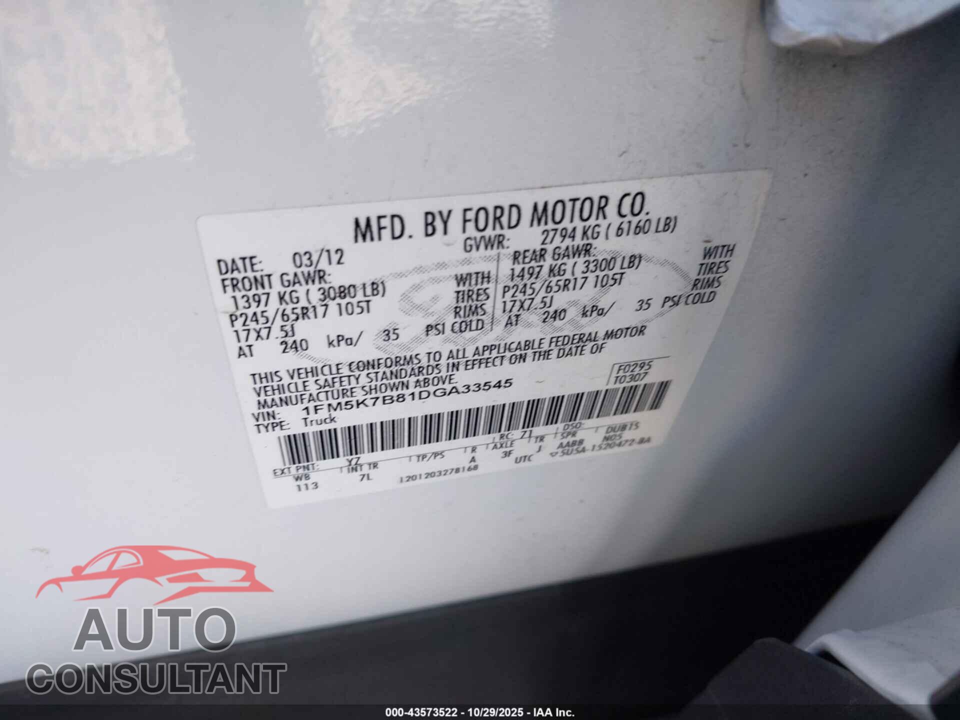 FORD EXPLORER 2013 - 1FM5K7B81DGA33545