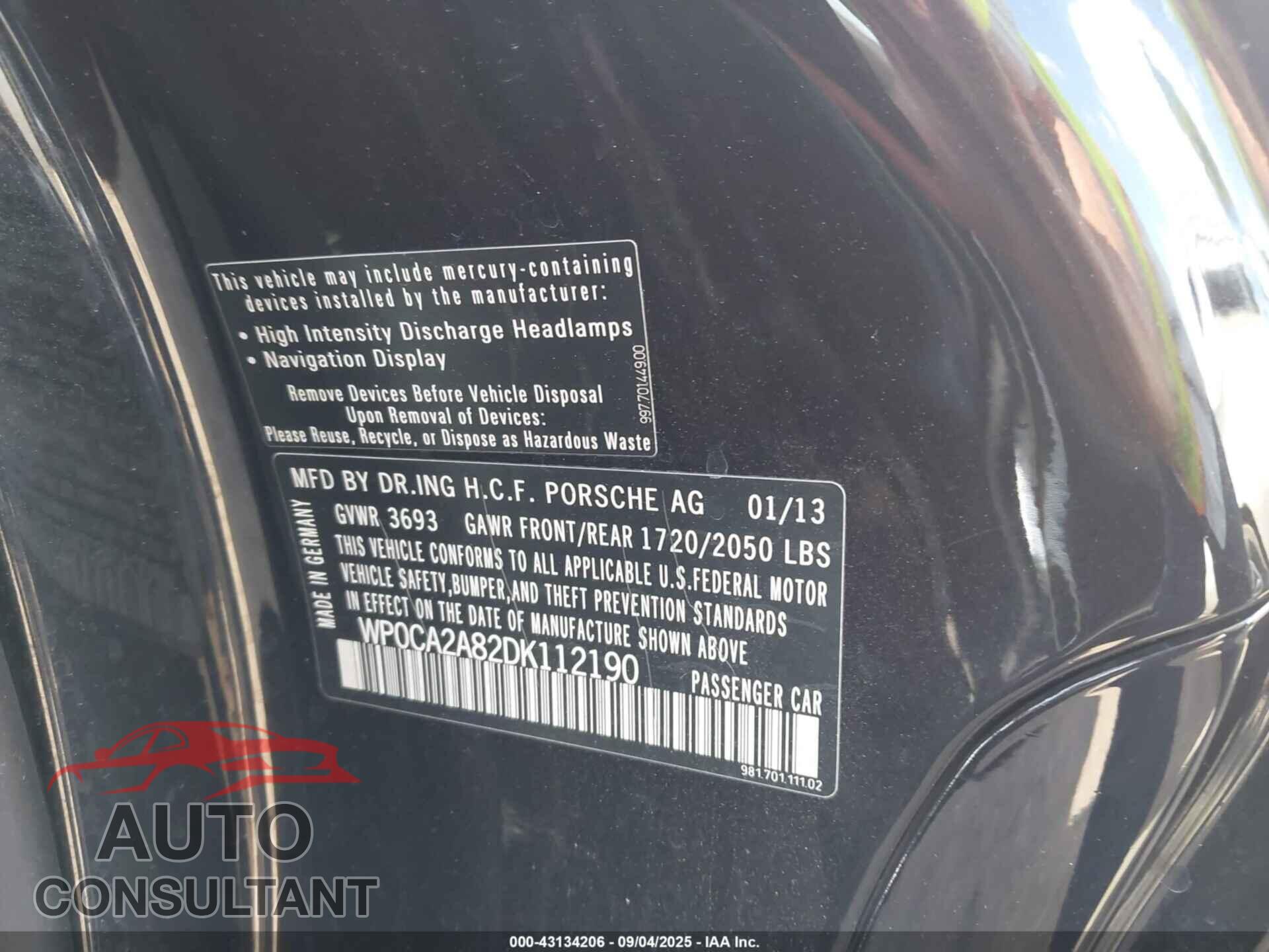 PORSCHE BOXSTER 2013 - WP0CA2A82DK112190