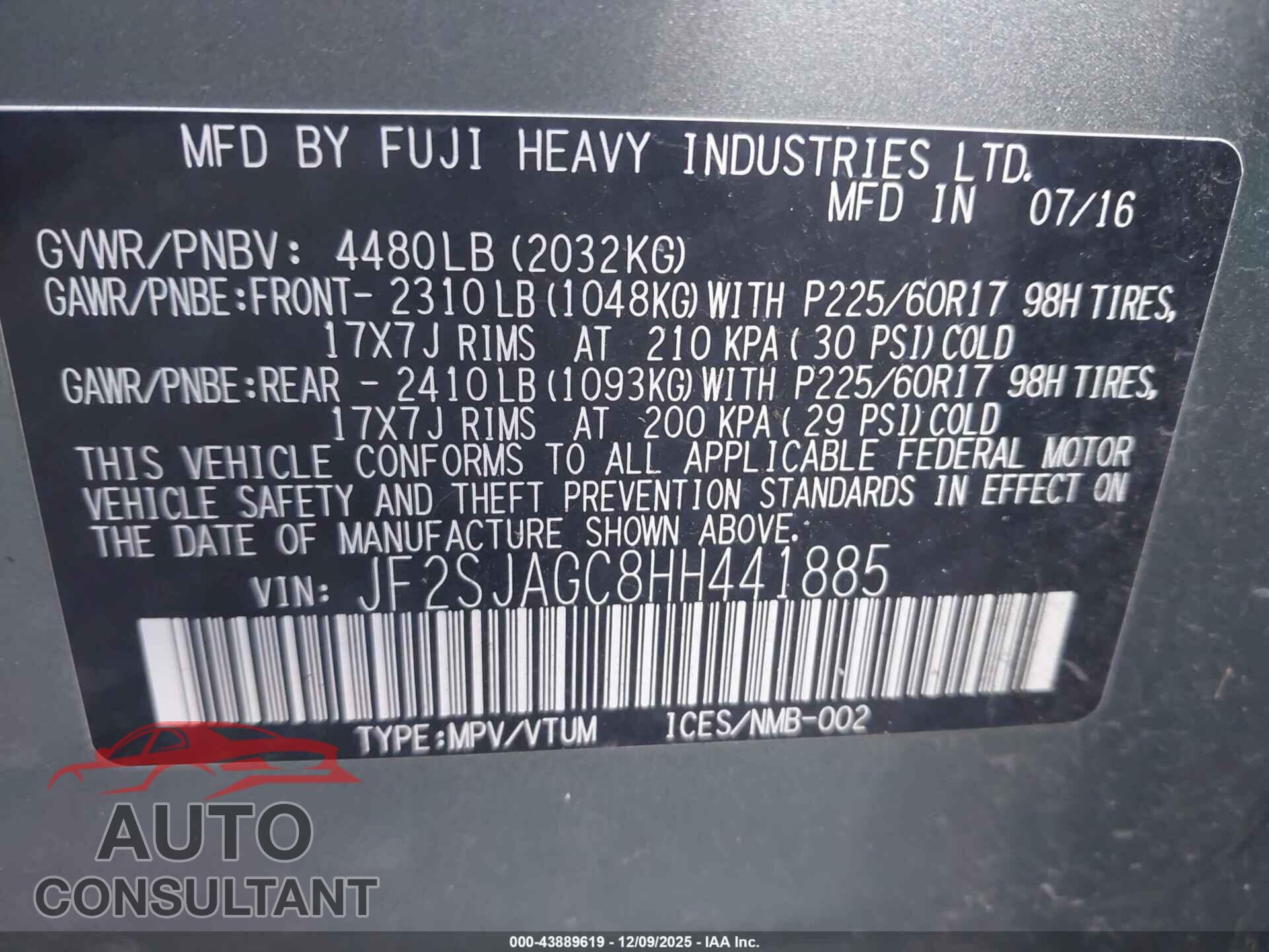 SUBARU FORESTER 2017 - JF2SJAGC8HH441885