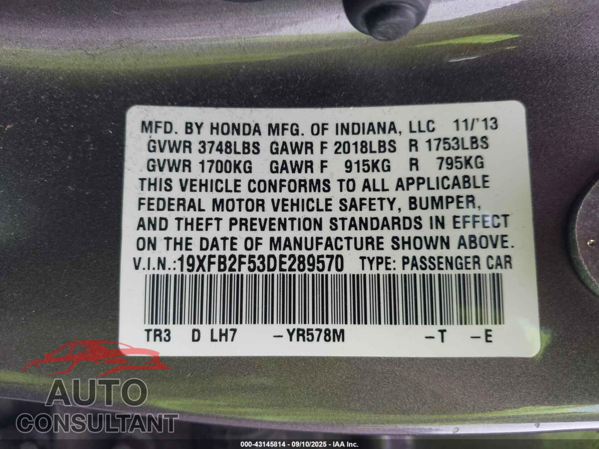 HONDA CIVIC 2013 - 19XFB2F53DE289570