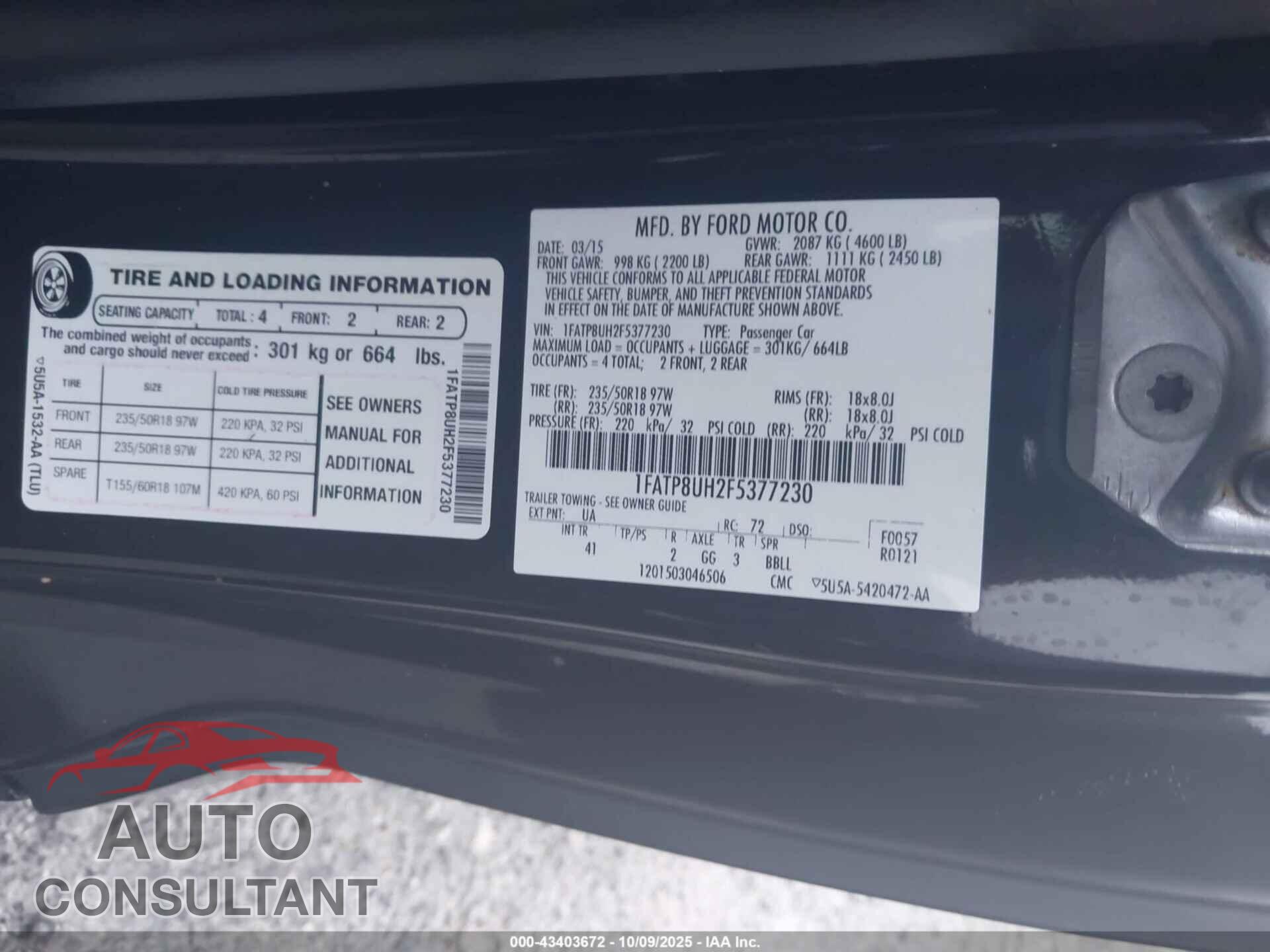 FORD MUSTANG 2015 - 1FATP8UH2F5377230