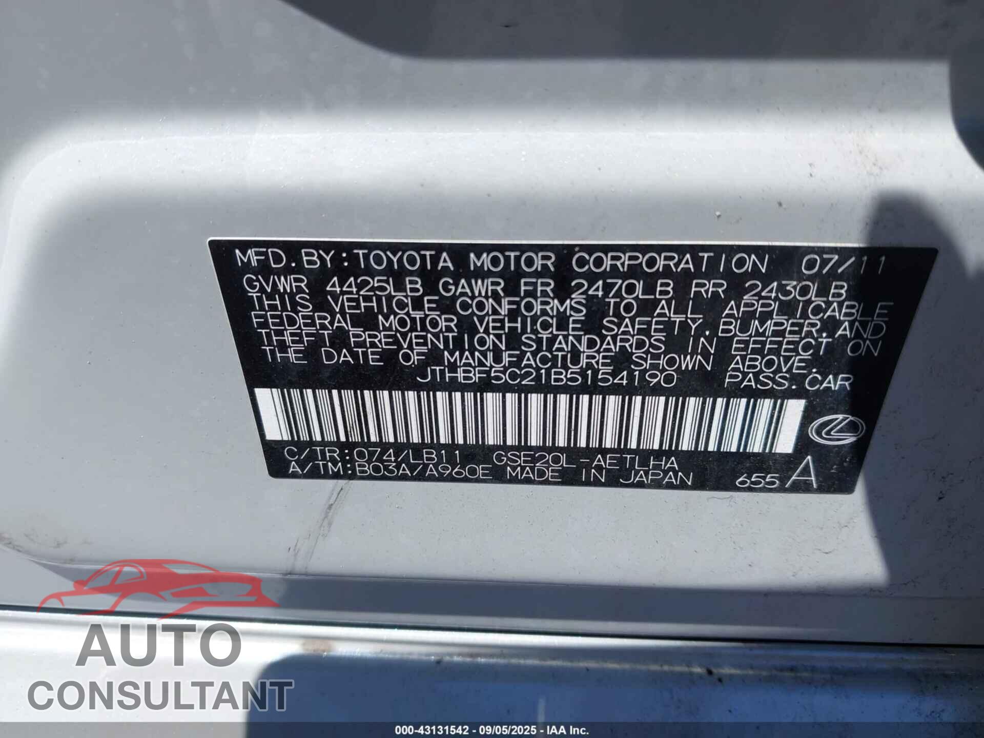 LEXUS IS 250 2011 - JTHBF5C21B5154190
