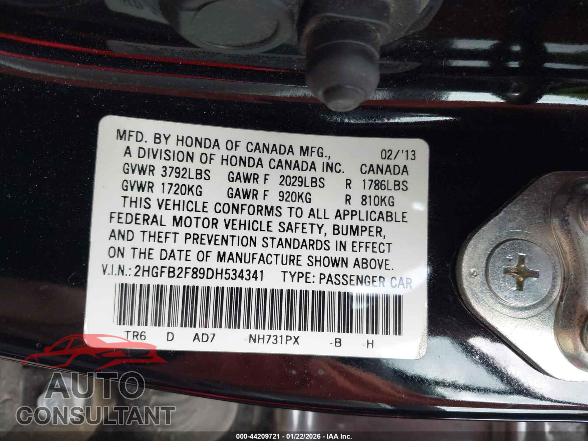HONDA CIVIC 2013 - 2HGFB2F89DH534341