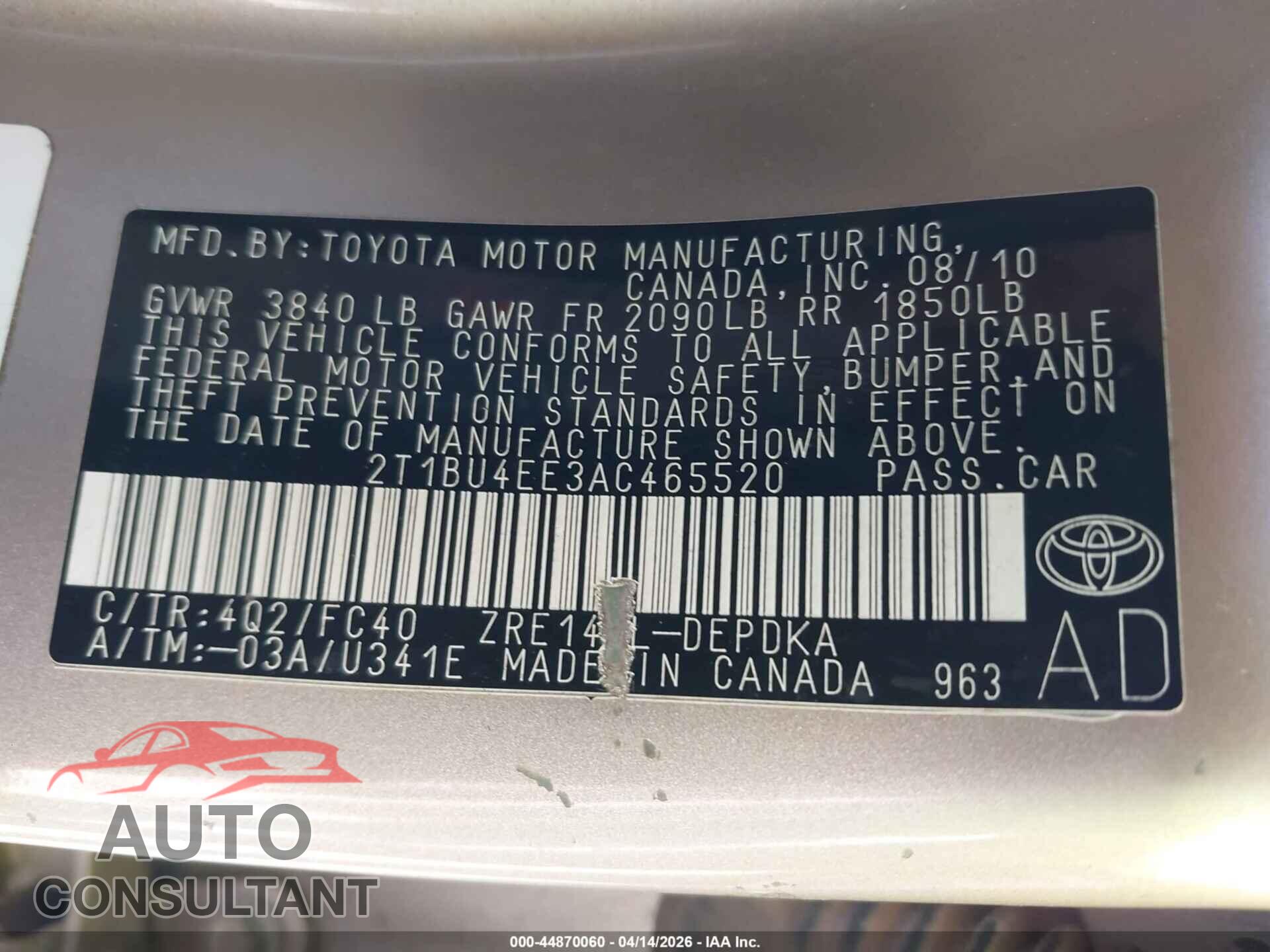 TOYOTA COROLLA 2010 - 2T1BU4EE3AC465520