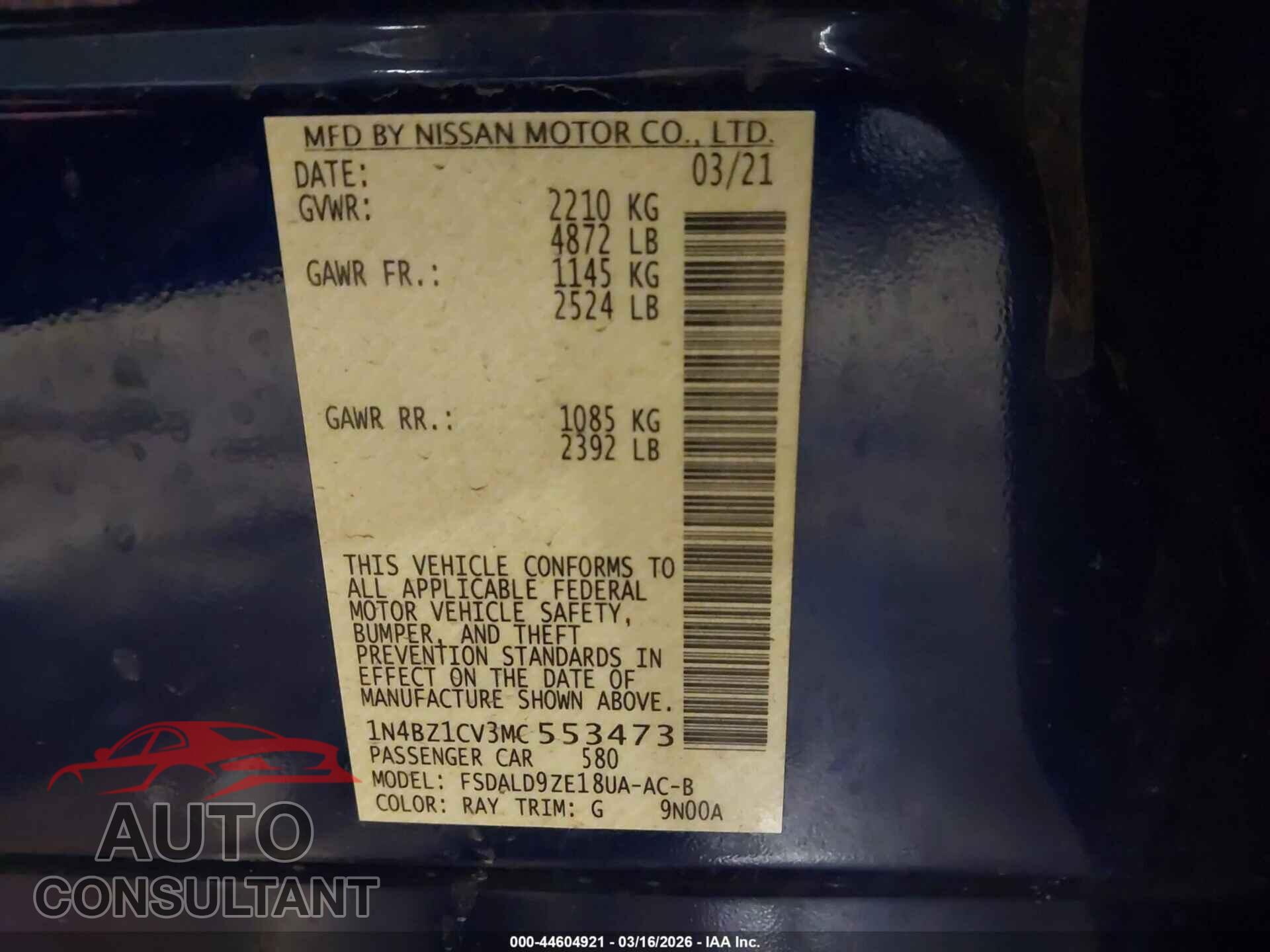 NISSAN LEAF 2021 - 1N4BZ1CV3MC553473