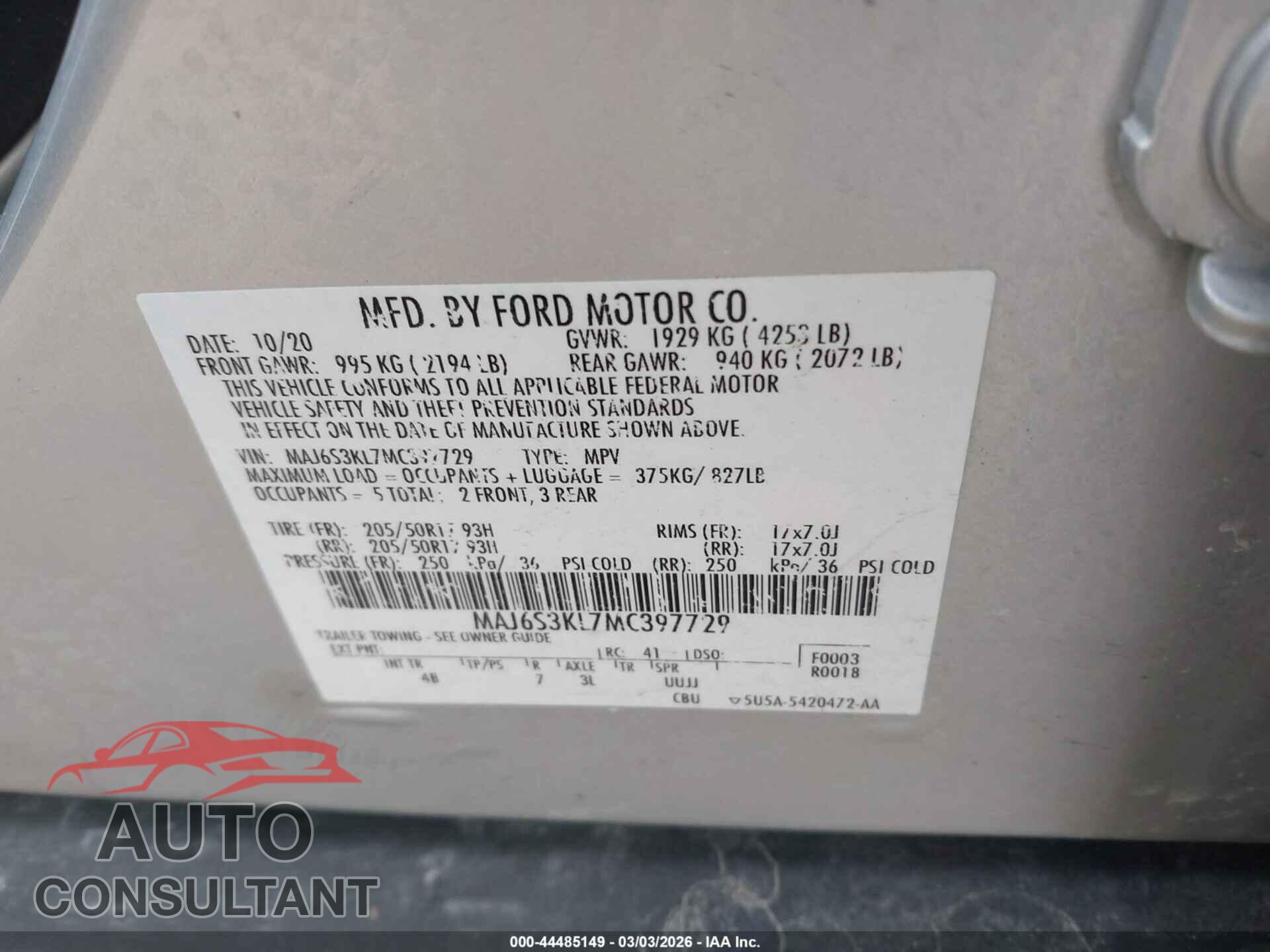 FORD ECOSPORT 2021 - MAJ6S3KL7MC397729