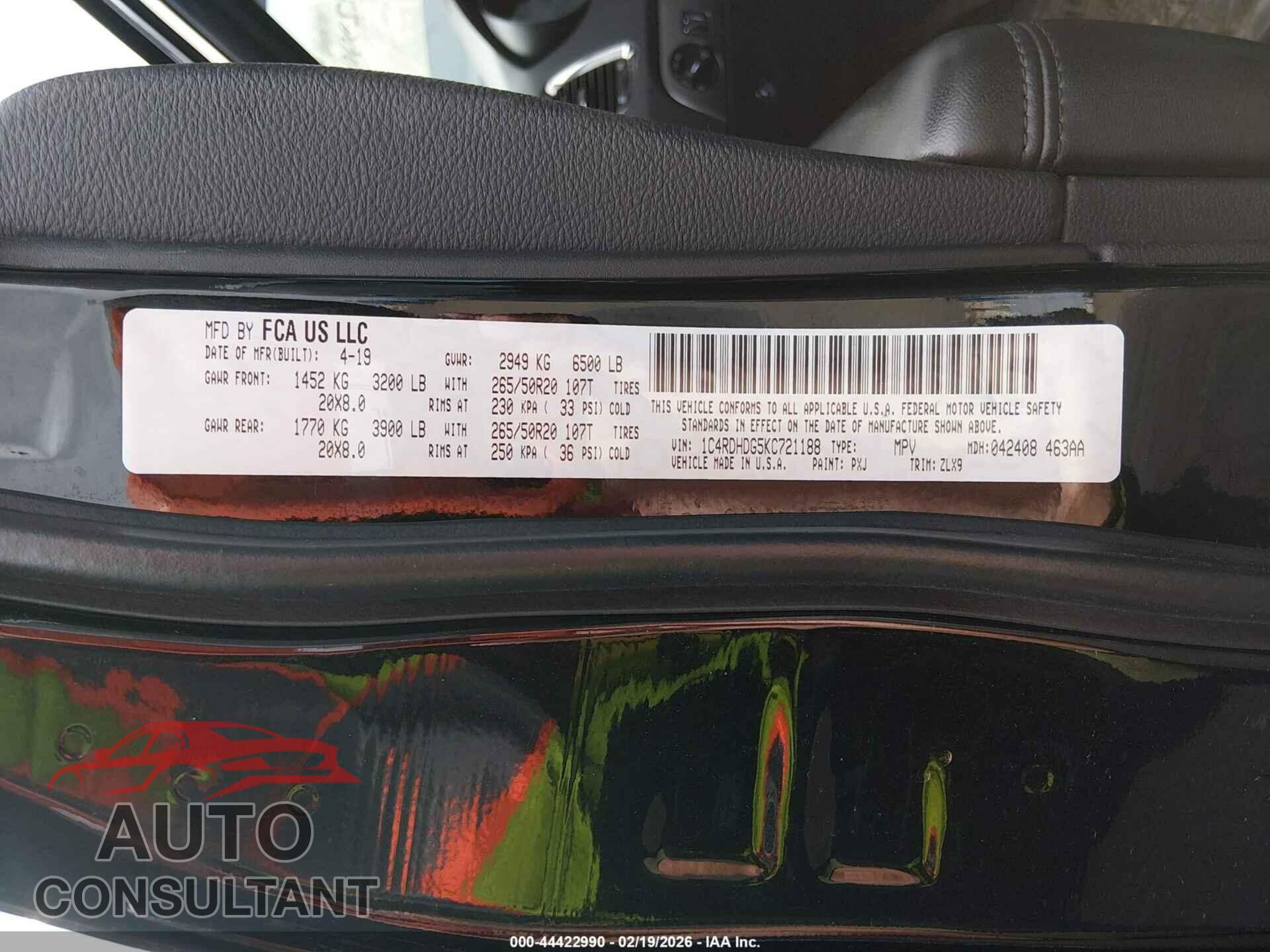 DODGE DURANGO 2019 - 1C4RDHDG5KC721188